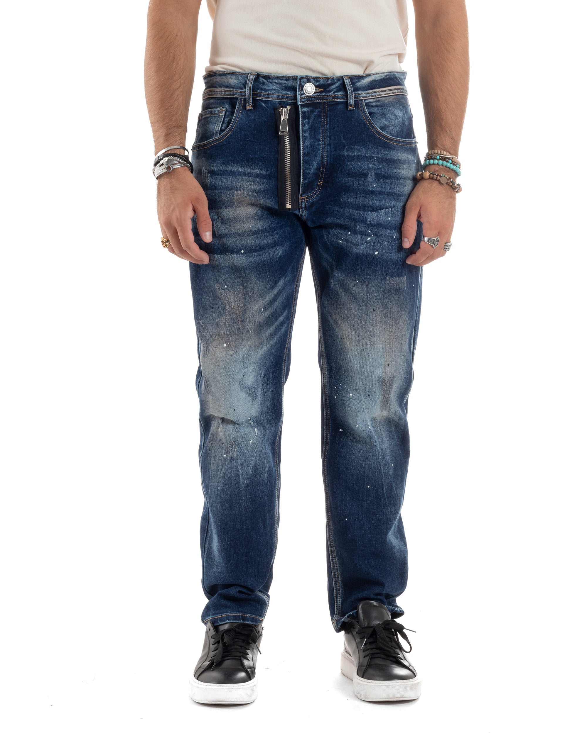 Pantaloni Jeans Uomo Denim Stonewashed Macchie Pittura Con Doppia Zip Cinque Tasche Casual Loose Fit GIOSAL-JS1044A