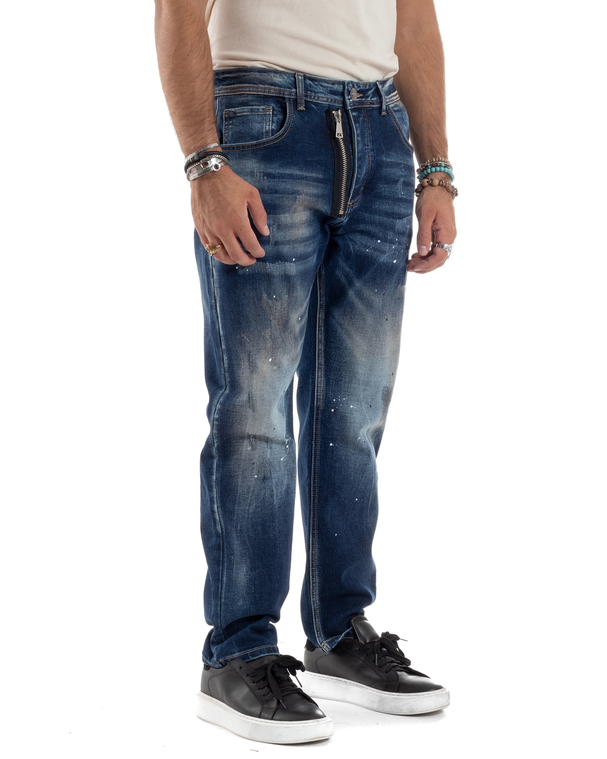 Pantaloni Jeans Uomo Denim Stonewashed Macchie Pittura Con Doppia Zip Cinque Tasche Casual Loose Fit GIOSAL-JS1044A