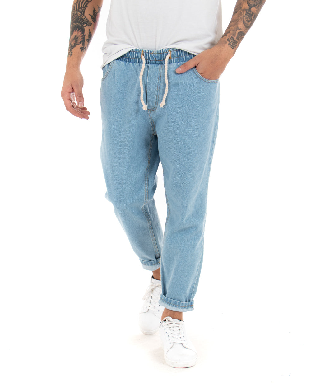 Pantaloni Jeans Uomo Con Elastico Loose Fit Pantalaccio Basic Semplice Casual Denim Chiaro GIOSAL-JS1045A