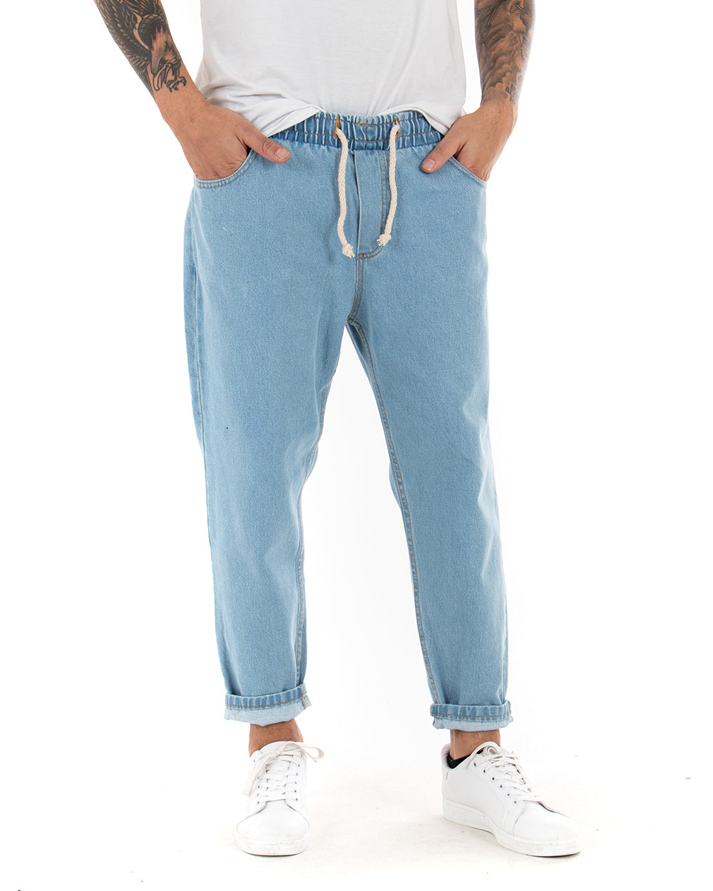 Pantaloni Jeans Uomo Con Elastico Loose Fit Pantalaccio Basic Semplice Casual Denim Chiaro GIOSAL-JS1045A