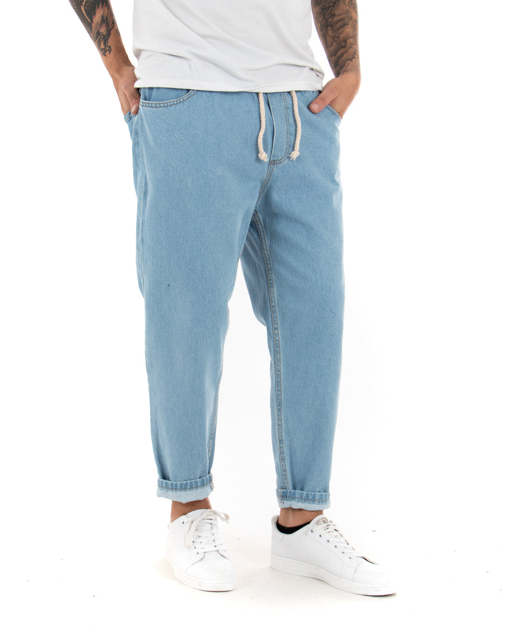 Pantaloni Jeans Uomo Con Elastico Loose Fit Pantalaccio Basic Semplice Casual Denim Chiaro GIOSAL-JS1045A