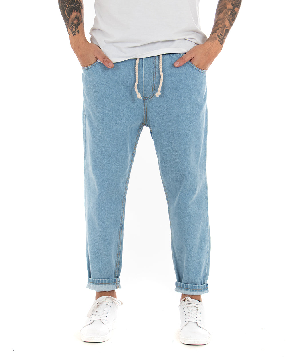 Pantaloni Jeans Uomo Con Elastico Loose Fit Pantalaccio Basic Semplice Casual Denim Chiaro GIOSAL-JS1045A