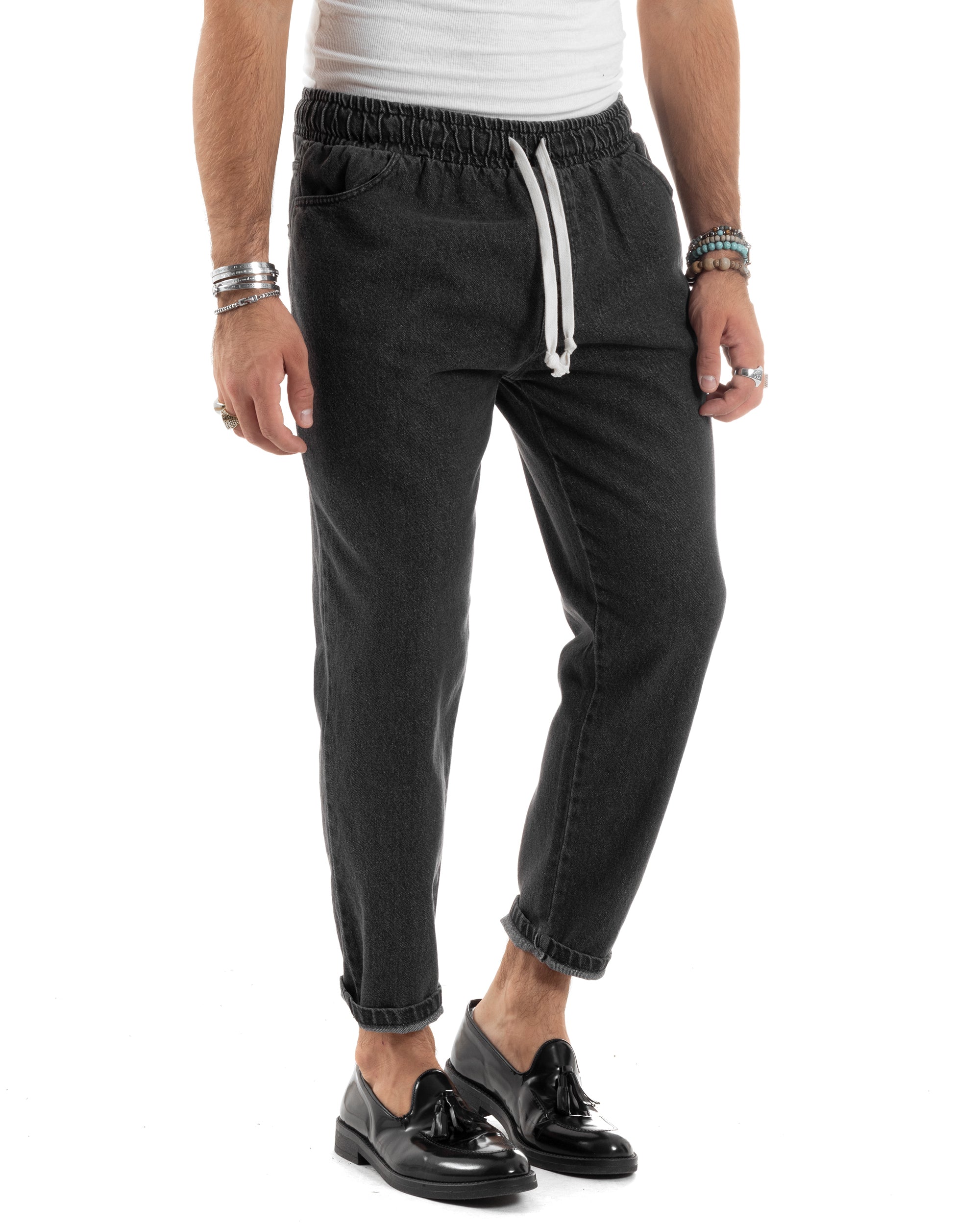 Pantaloni Jeans Uomo Con Elastico Loose Fit Pantalaccio Basic Semplice Casual Denim Nero GIOSAL-JS1047A