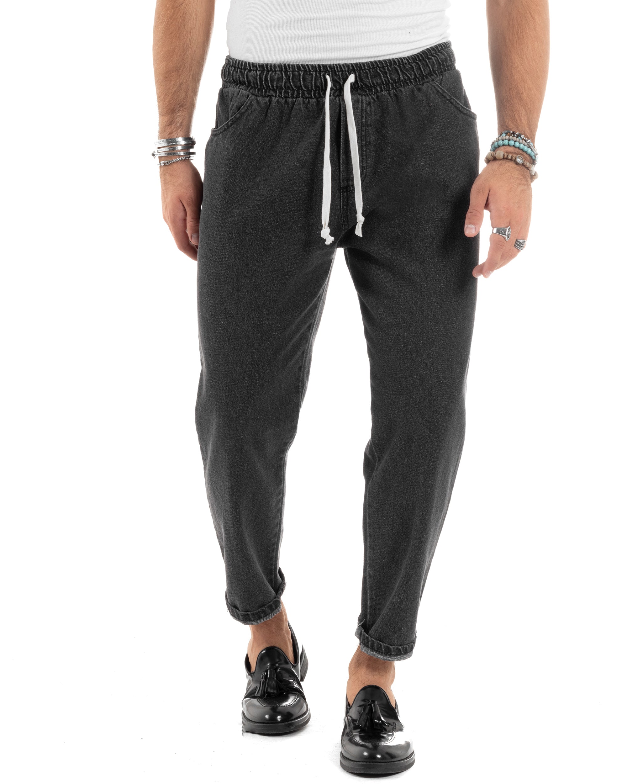 Pantaloni Jeans Uomo Con Elastico Loose Fit Pantalaccio Basic Semplice Casual Denim Nero GIOSAL-JS1047A