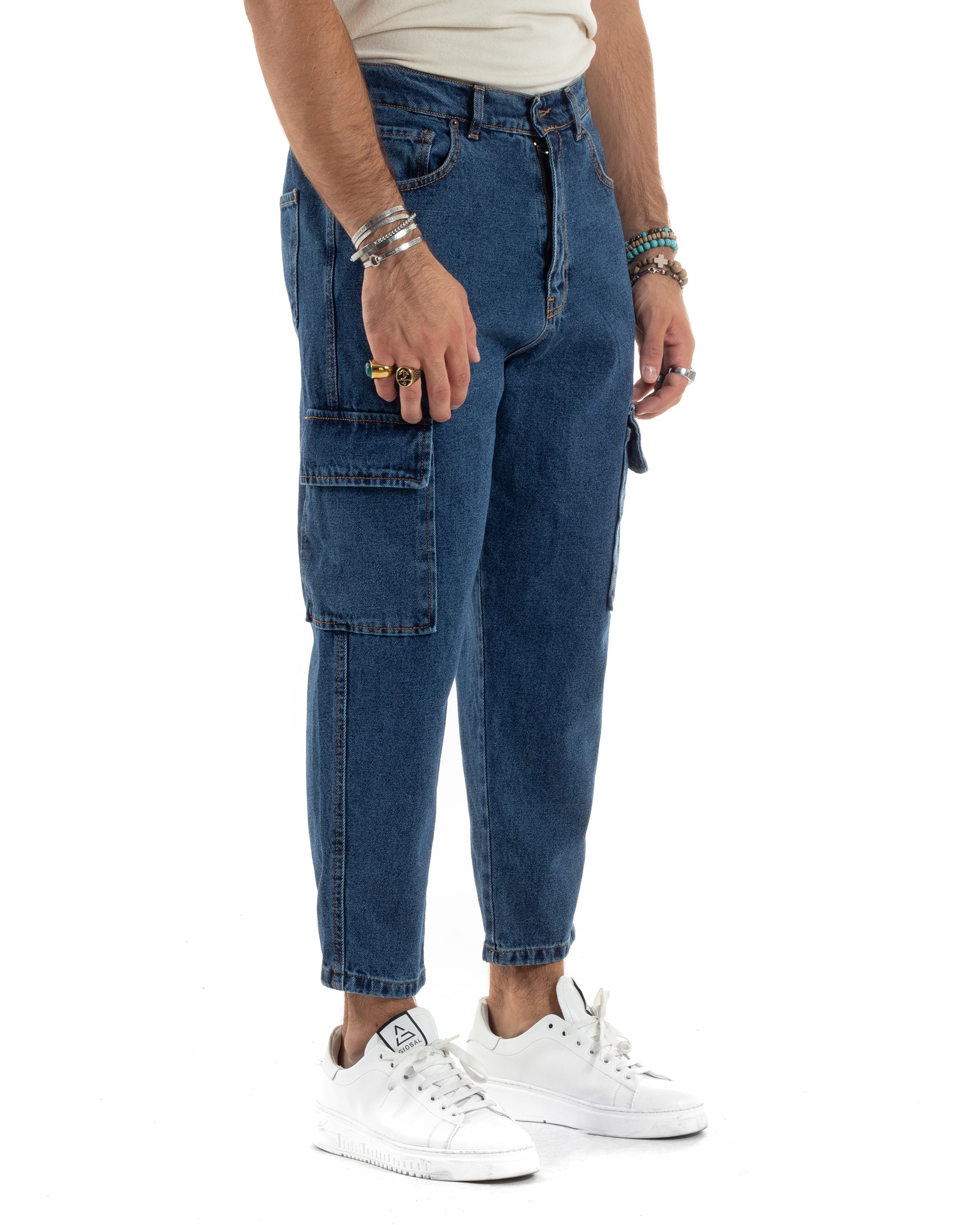 Jeans Uomo Cargo Alla Caviglia Loose Fit Casual Basic Pantaloni Con Tasche Tasconi Denim GIOSAL-JS1048A