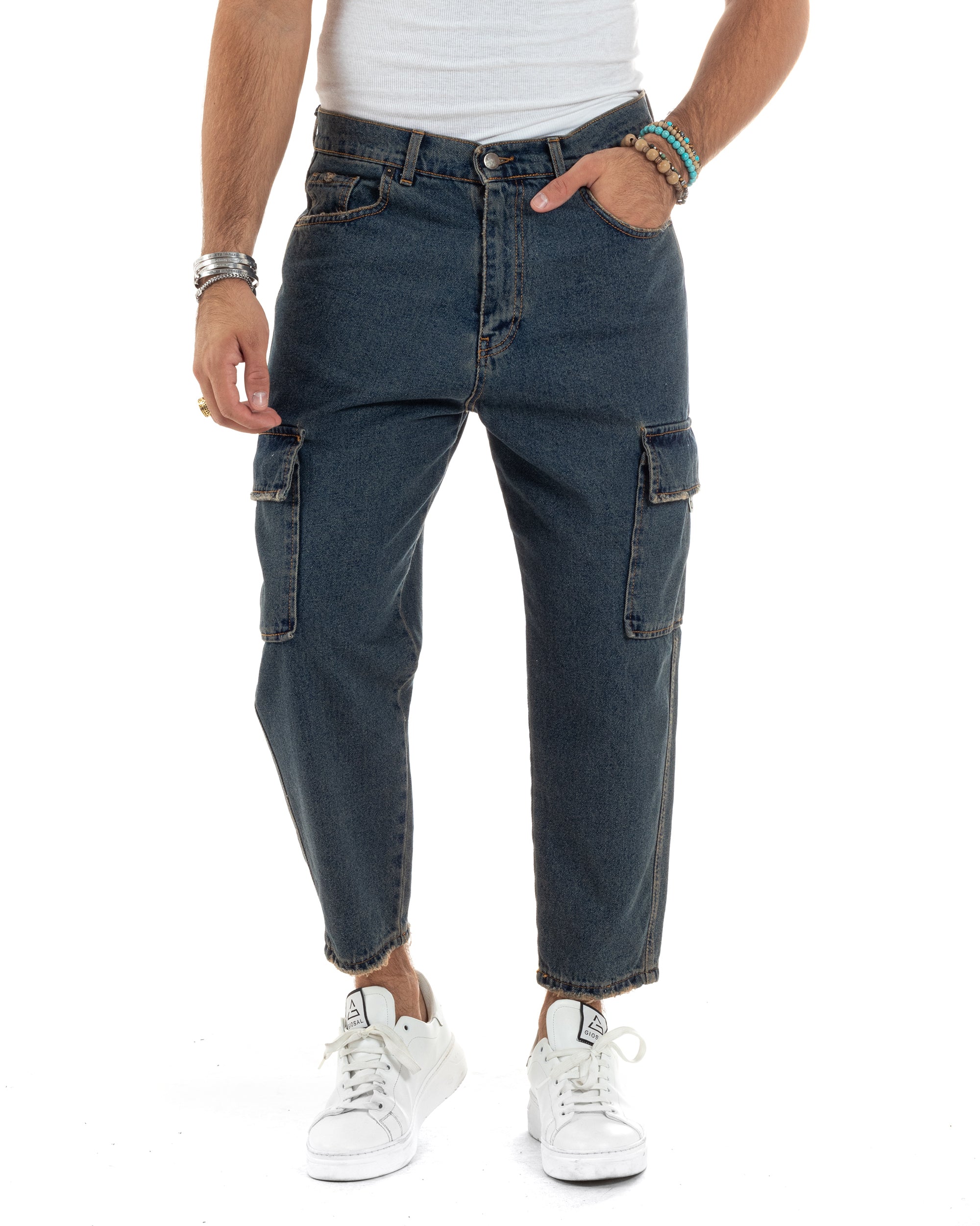 Jeans Uomo Cargo Alla Caviglia Loose Fit Casual Basic Pantaloni Con Tasche Tasconi Denim Sabbiato GIOSAL-JS1049A