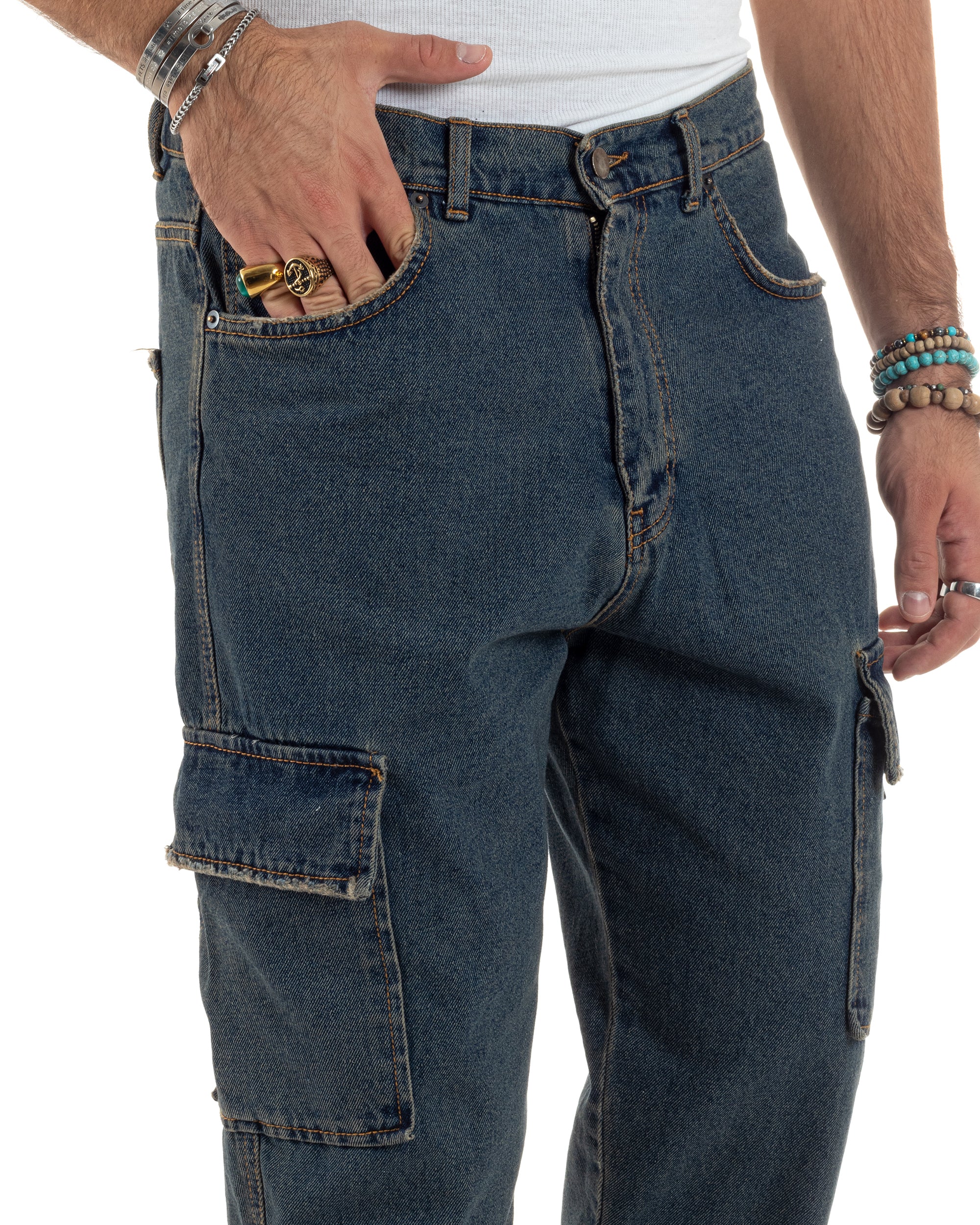 Jeans Uomo Cargo Alla Caviglia Loose Fit Casual Basic Pantaloni Con Tasche Tasconi Denim Sabbiato GIOSAL-JS1049A