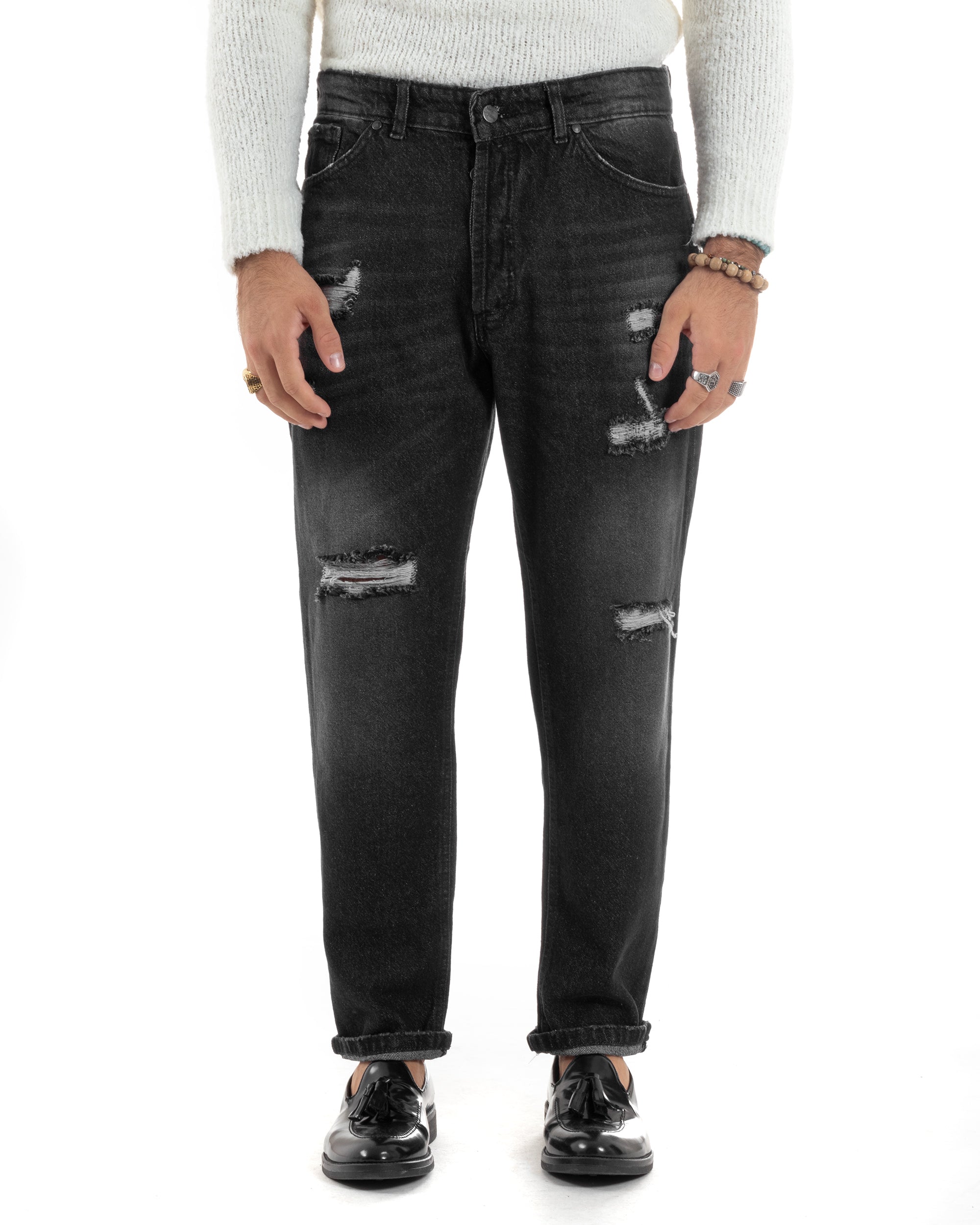 Jeans Uomo Pantaloni Denim Con Rotture Stone Washed Cinque Tasche Cotone Straight Fit Comodo Casual Nero GIOSAL-JS1050A