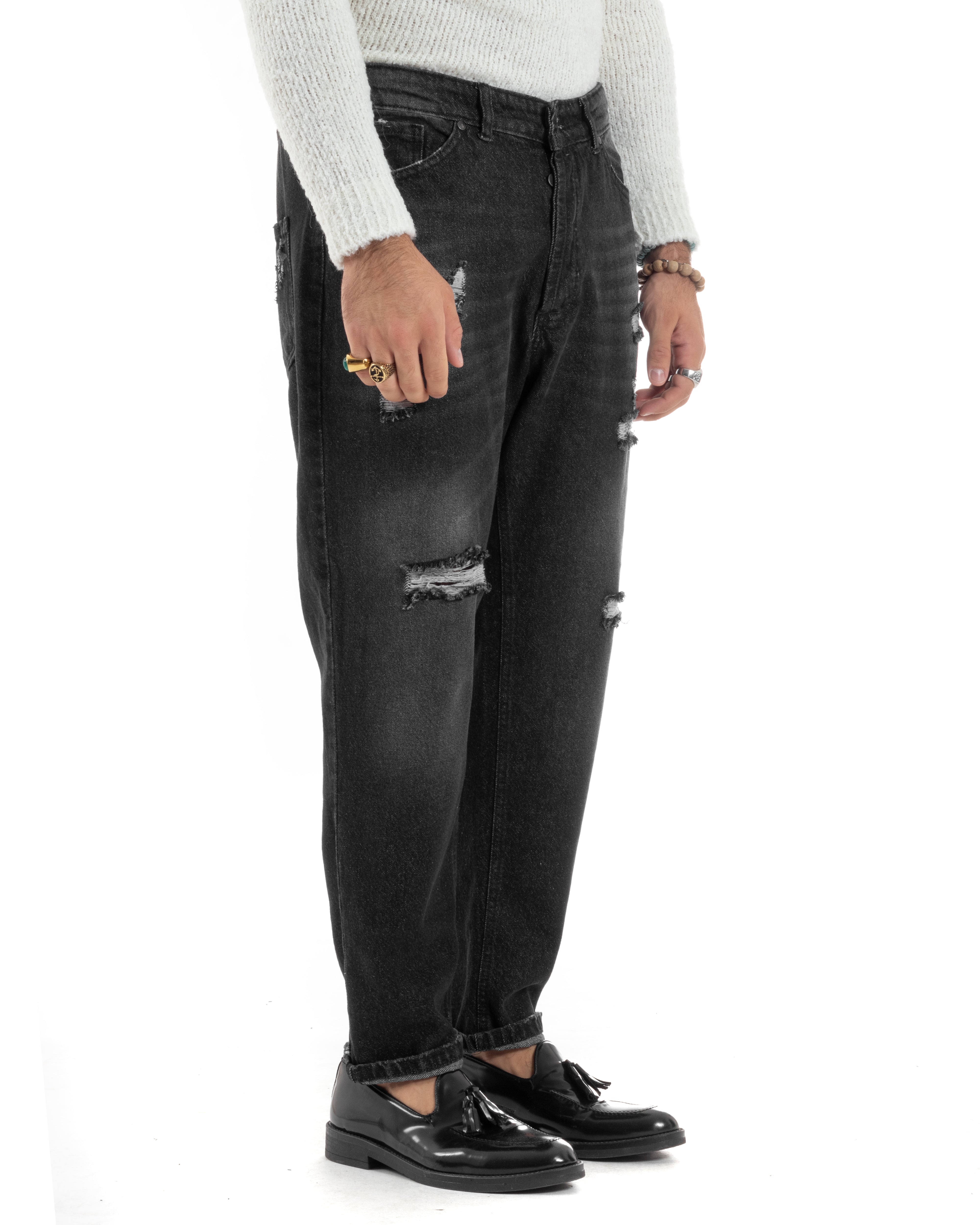 Jeans Uomo Pantaloni Denim Con Rotture Stone Washed Cinque Tasche Cotone Straight Fit Comodo Casual Nero GIOSAL-JS1050A