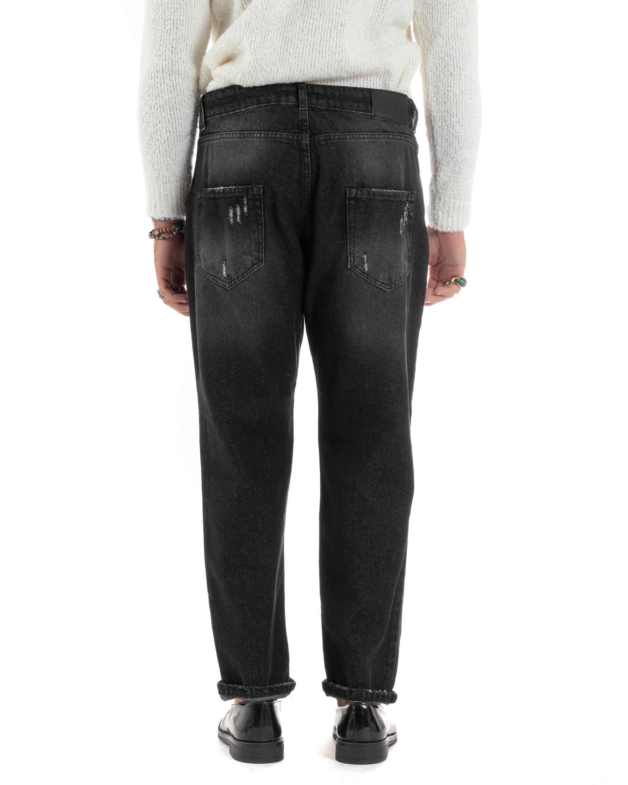 Jeans Uomo Pantaloni Denim Con Rotture Stone Washed Cinque Tasche Cotone Straight Fit Comodo Casual Nero GIOSAL-JS1050A