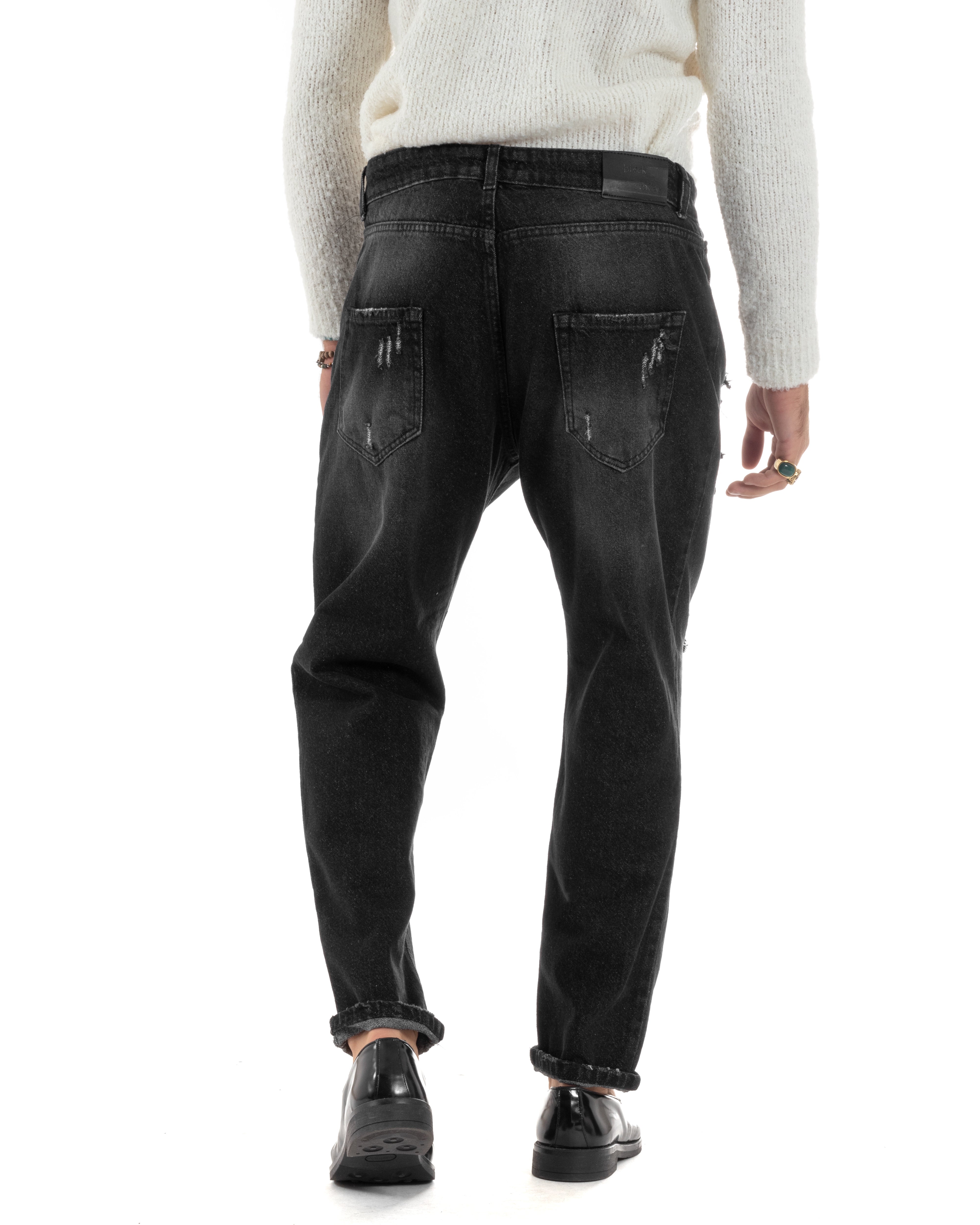 Jeans Uomo Pantaloni Denim Con Rotture Stone Washed Cinque Tasche Cotone Straight Fit Comodo Casual Nero GIOSAL-JS1050A