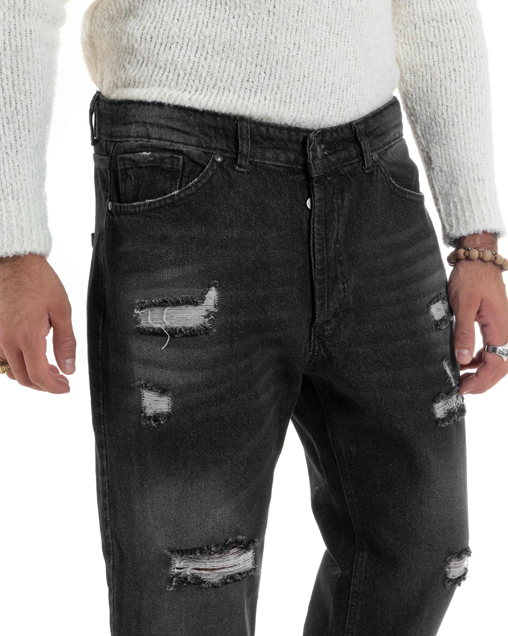 Jeans Uomo Pantaloni Denim Con Rotture Stone Washed Cinque Tasche Cotone Straight Fit Comodo Casual Nero GIOSAL-JS1050A