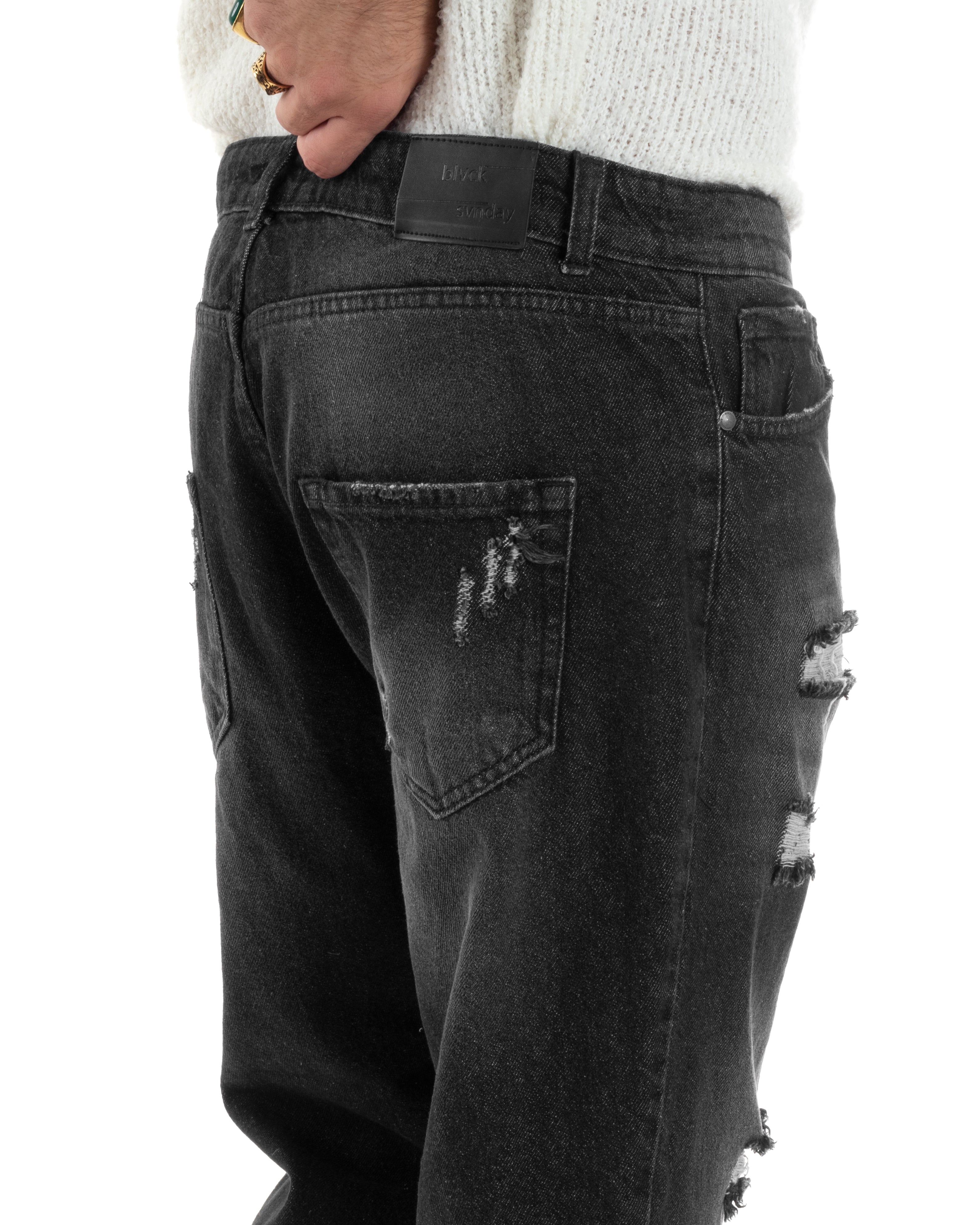 Jeans Uomo Pantaloni Denim Con Rotture Stone Washed Cinque Tasche Cotone Straight Fit Comodo Casual Nero GIOSAL-JS1050A