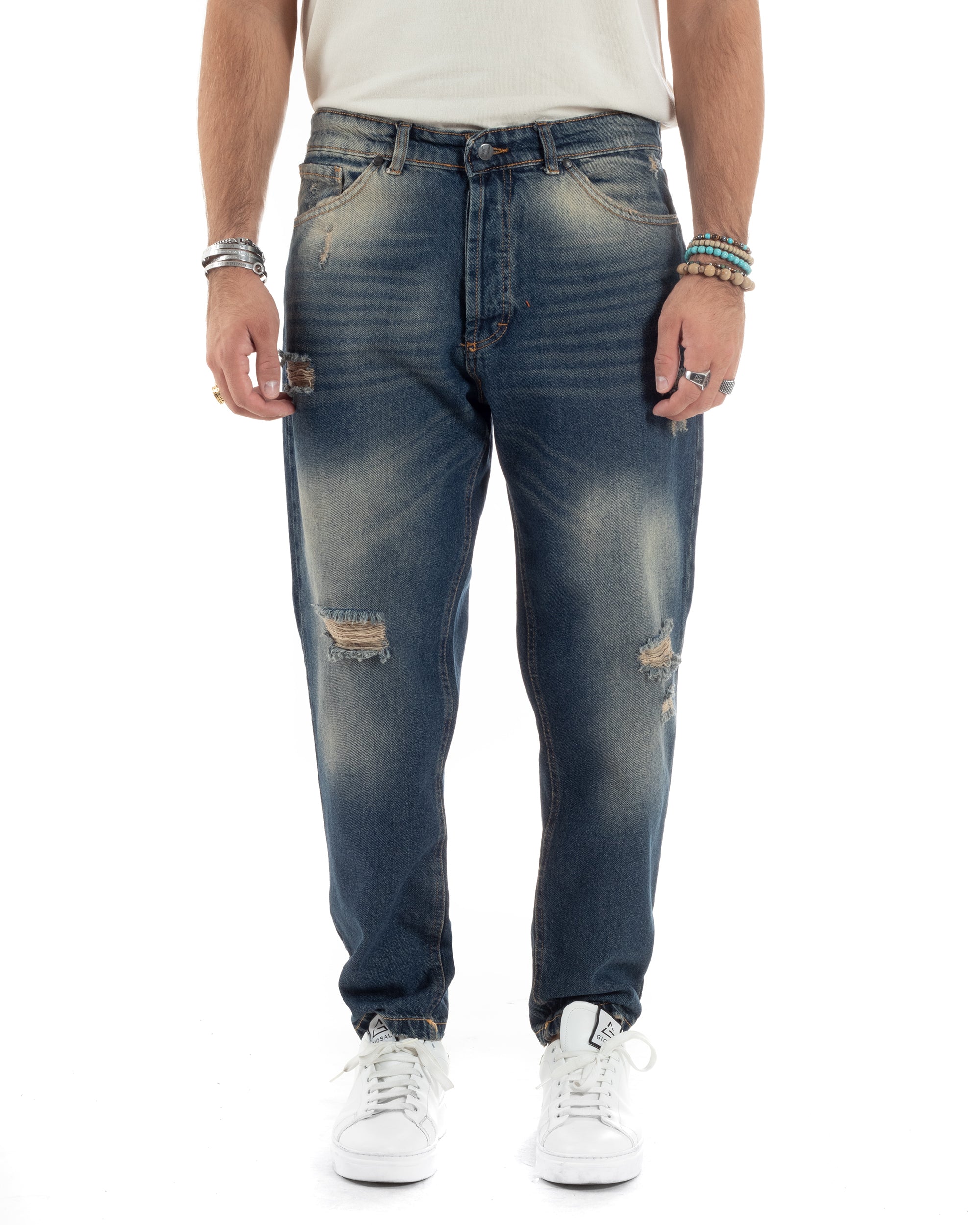 Jeans Uomo Sabbiato Pantaloni Con Rotture Straight Fit Stone Washed Cinque Tasche Cotone Casual Blue Denim GIOSAL-JS1051A