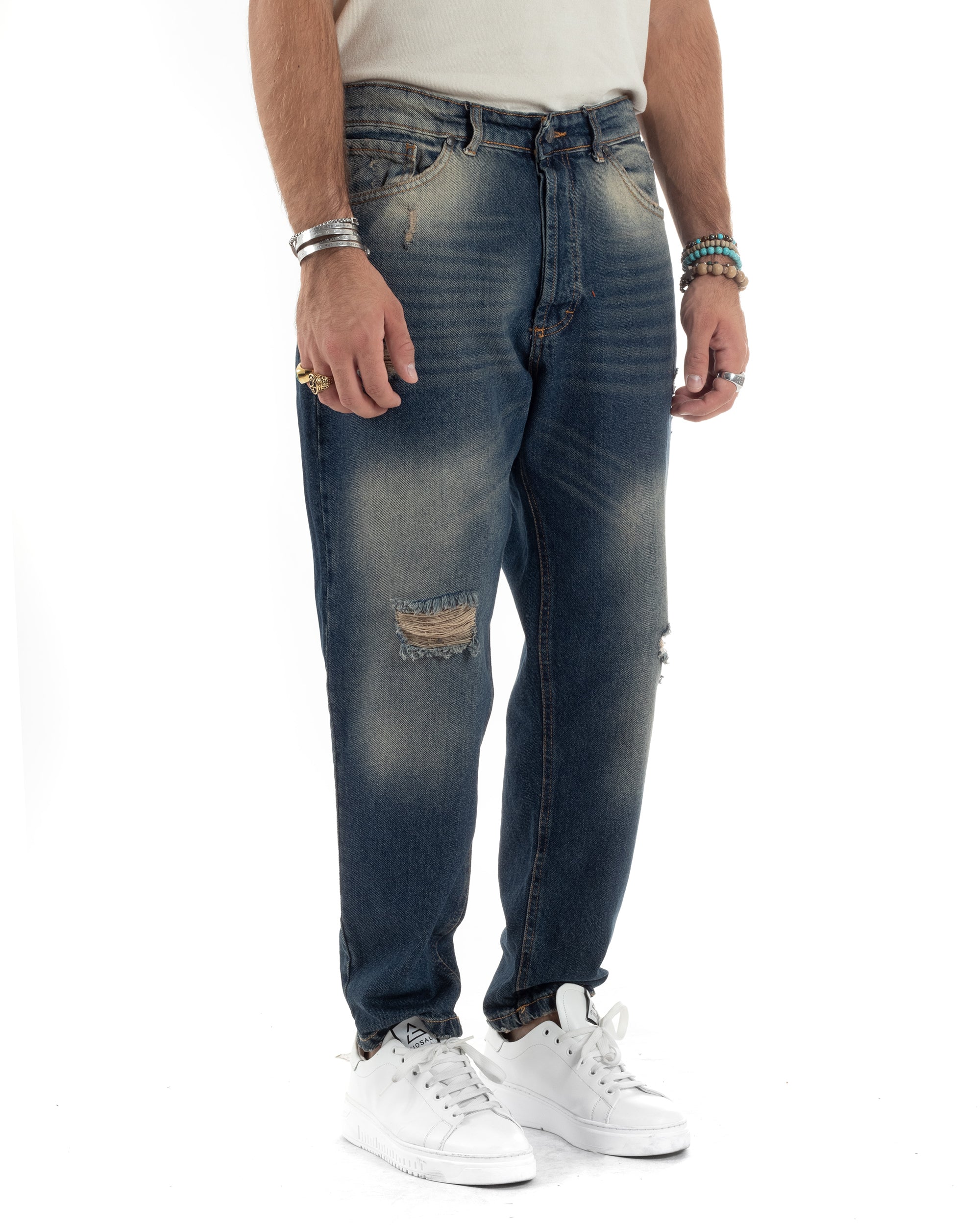 Jeans Uomo Sabbiato Pantaloni Con Rotture Straight Fit Stone Washed Cinque Tasche Cotone Casual Blue Denim GIOSAL-JS1051A