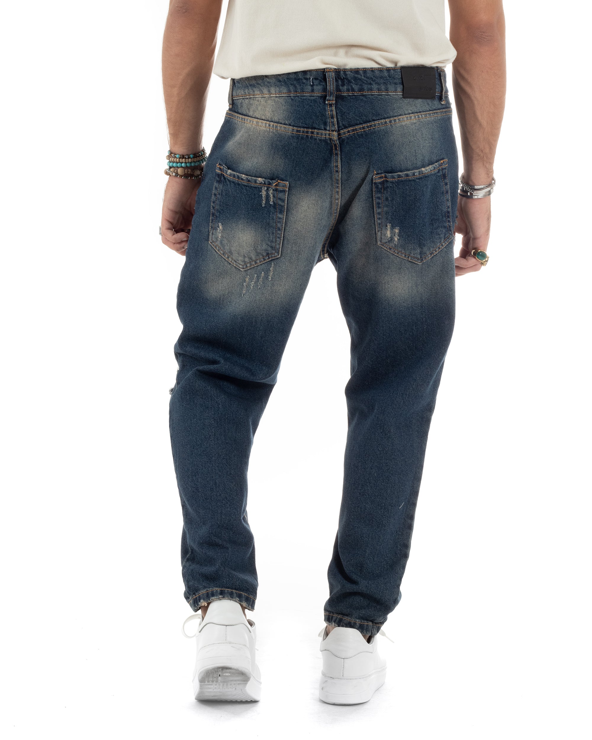 Jeans Uomo Sabbiato Pantaloni Con Rotture Straight Fit Stone Washed Cinque Tasche Cotone Casual Blue Denim GIOSAL-JS1051A