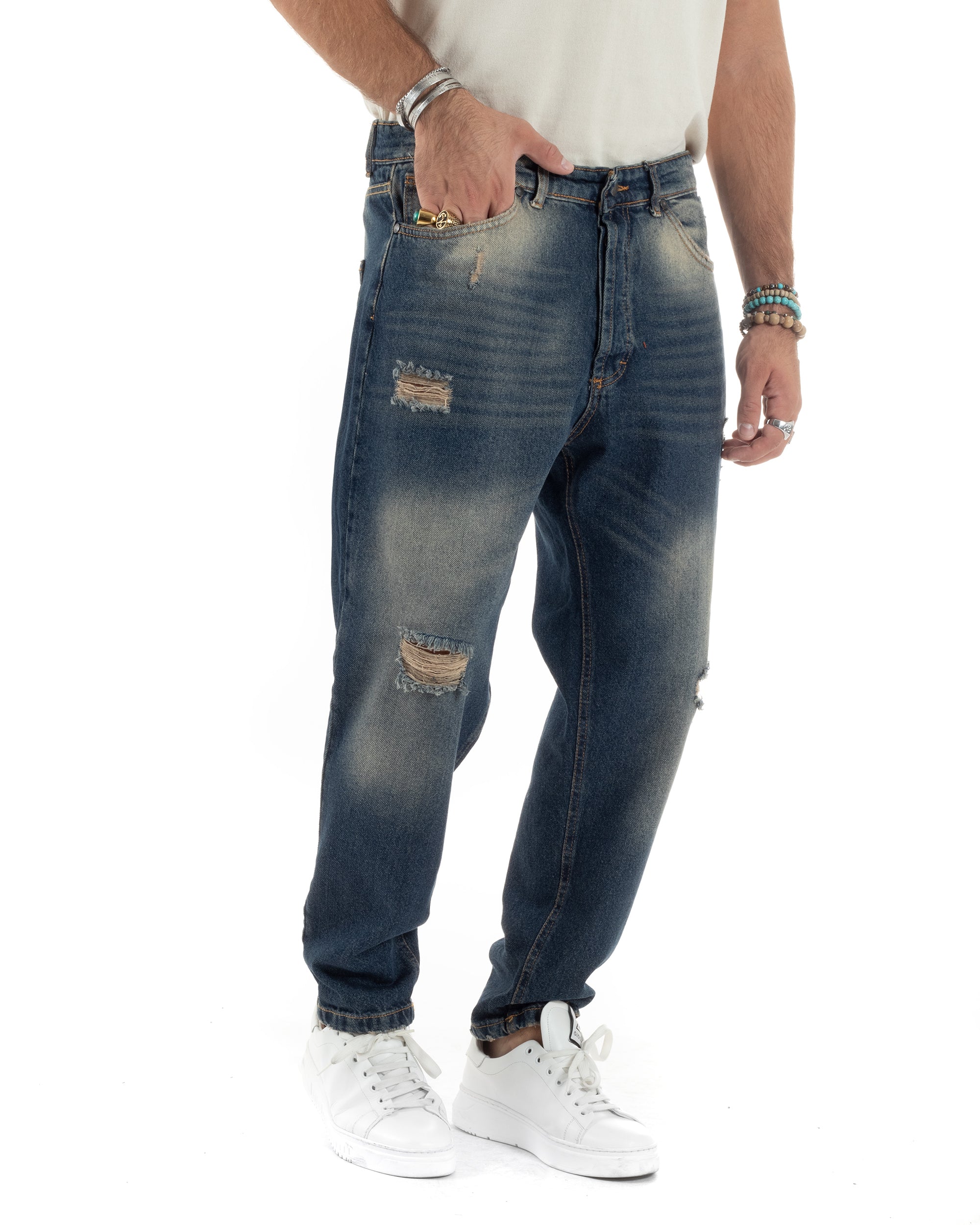 Jeans Uomo Sabbiato Pantaloni Con Rotture Straight Fit Stone Washed Cinque Tasche Cotone Casual Blue Denim GIOSAL-JS1051A