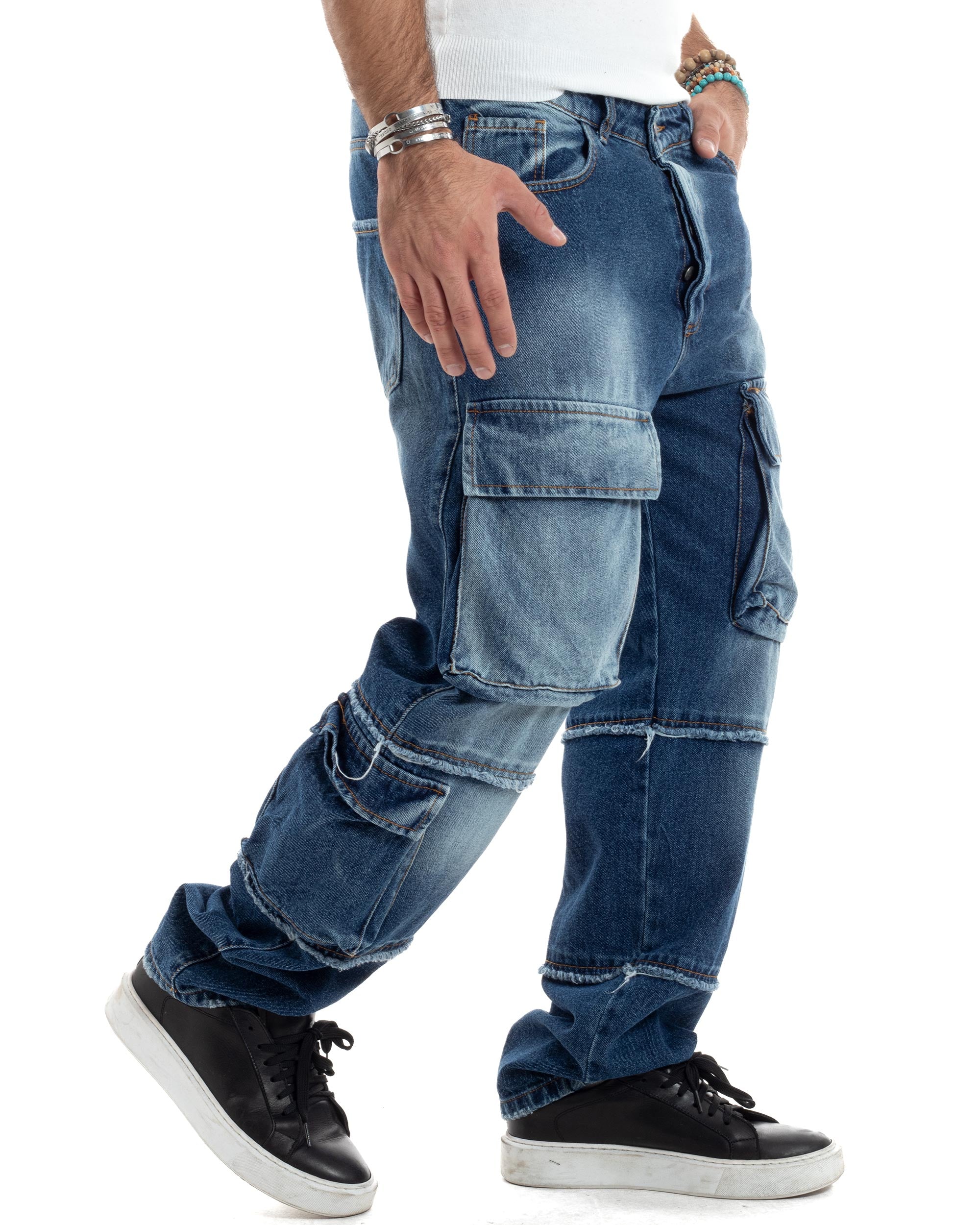 Jeans Uomo Cargo Sfumato Sfrangiato Pantaloni Con Tasconi Baggy Casual Stone Washed Cotone Blue Denim GIOSAL-JS1053A