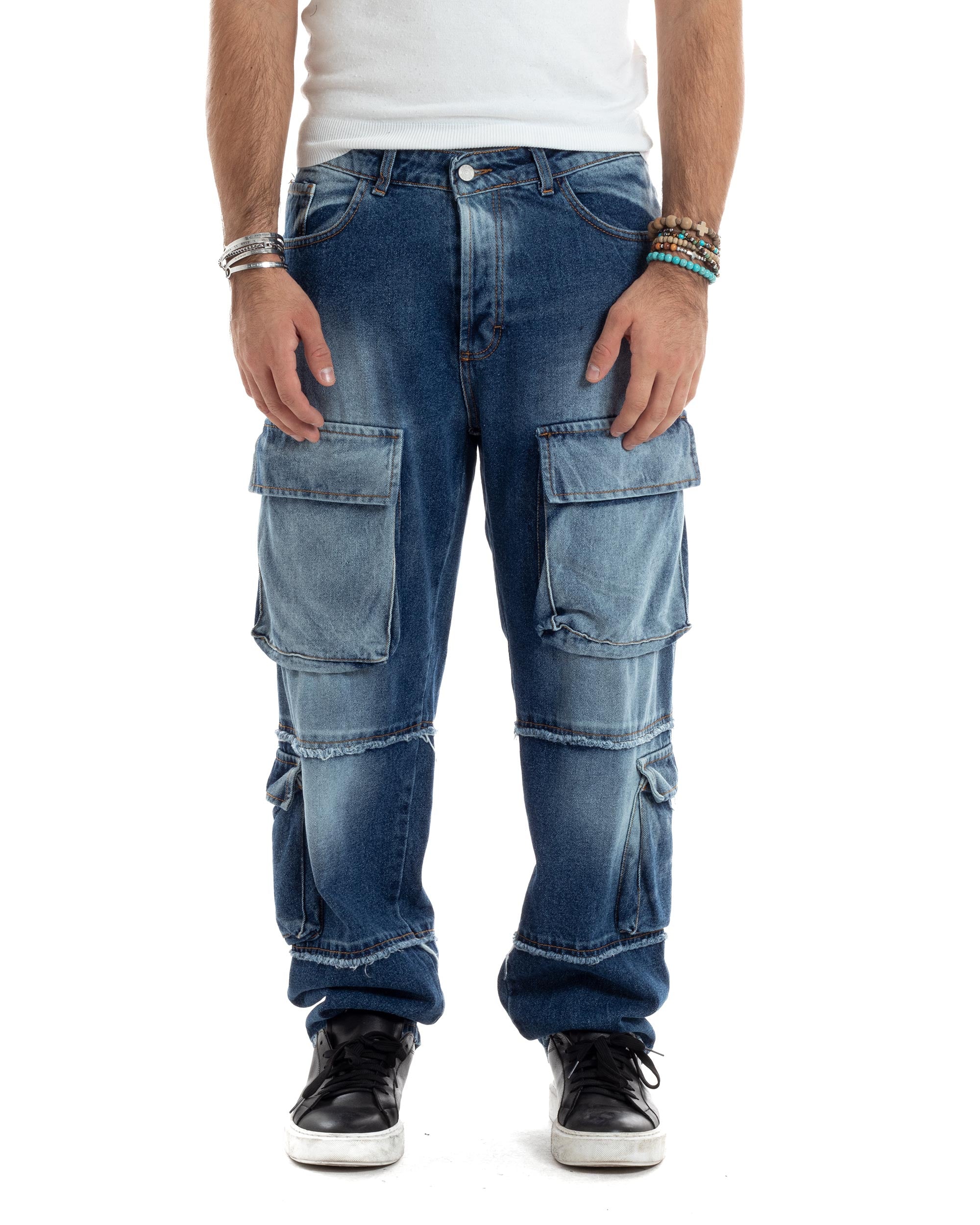 Jeans Uomo Cargo Sfumato Sfrangiato Pantaloni Con Tasconi Baggy Casual Stone Washed Cotone Blue Denim GIOSAL-JS1053A