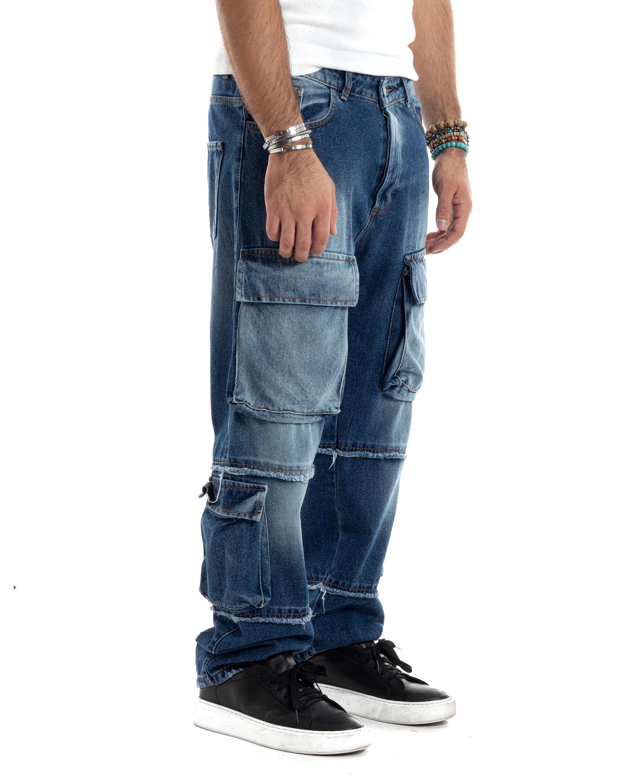 Jeans Uomo Cargo Sfumato Sfrangiato Pantaloni Con Tasconi Baggy Casual Stone Washed Cotone Blue Denim GIOSAL-JS1053A