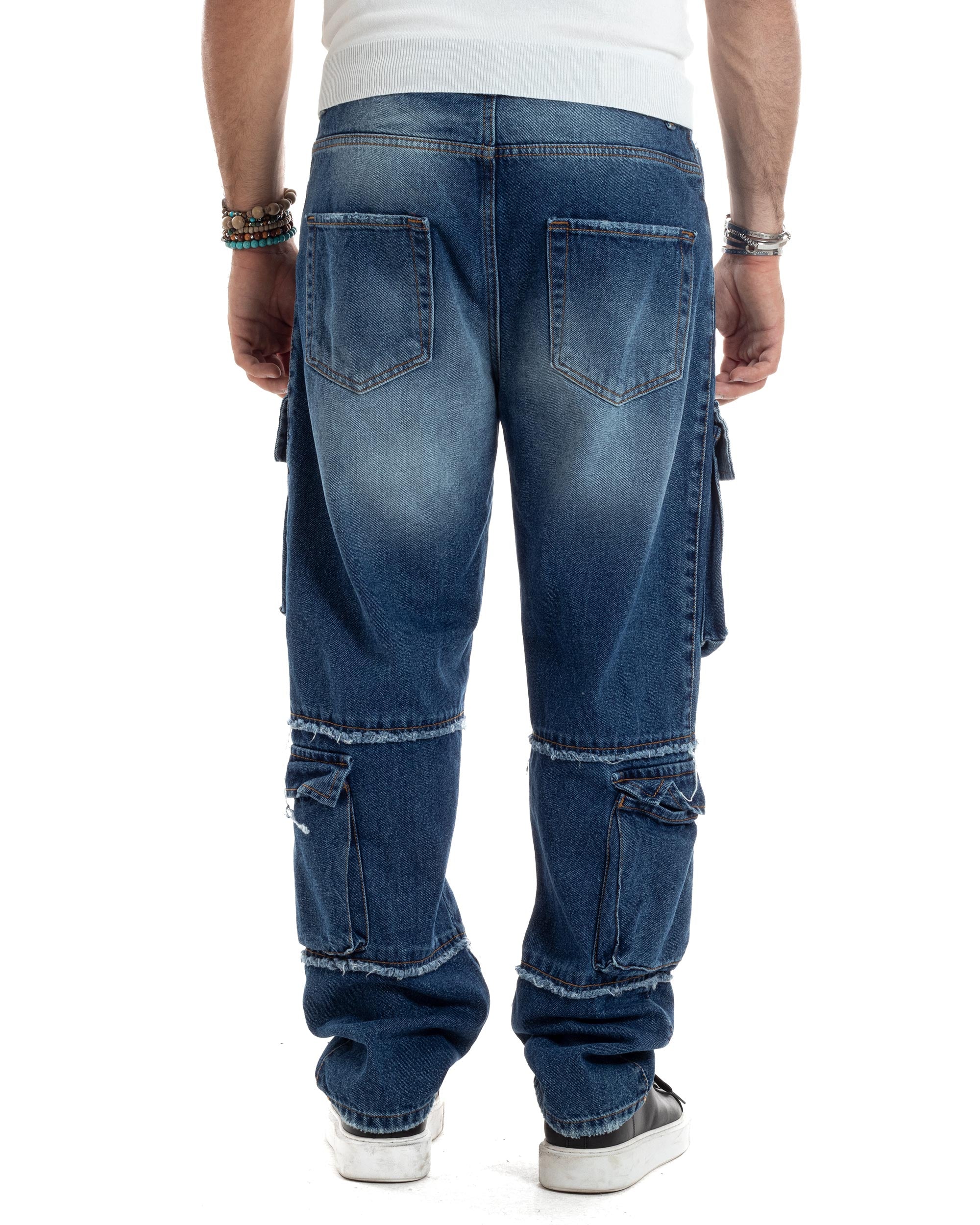 Jeans Uomo Cargo Sfumato Sfrangiato Pantaloni Con Tasconi Baggy Casual Stone Washed Cotone Blue Denim GIOSAL-JS1053A