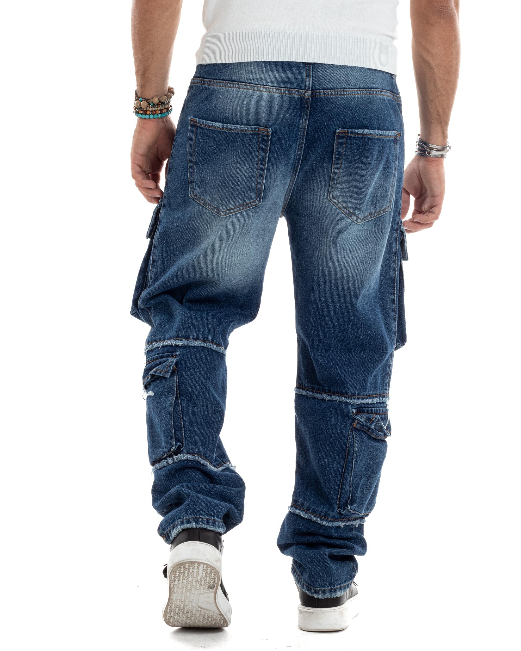 Jeans Uomo Cargo Sfumato Sfrangiato Pantaloni Con Tasconi Baggy Casual Stone Washed Cotone Blue Denim GIOSAL-JS1053A