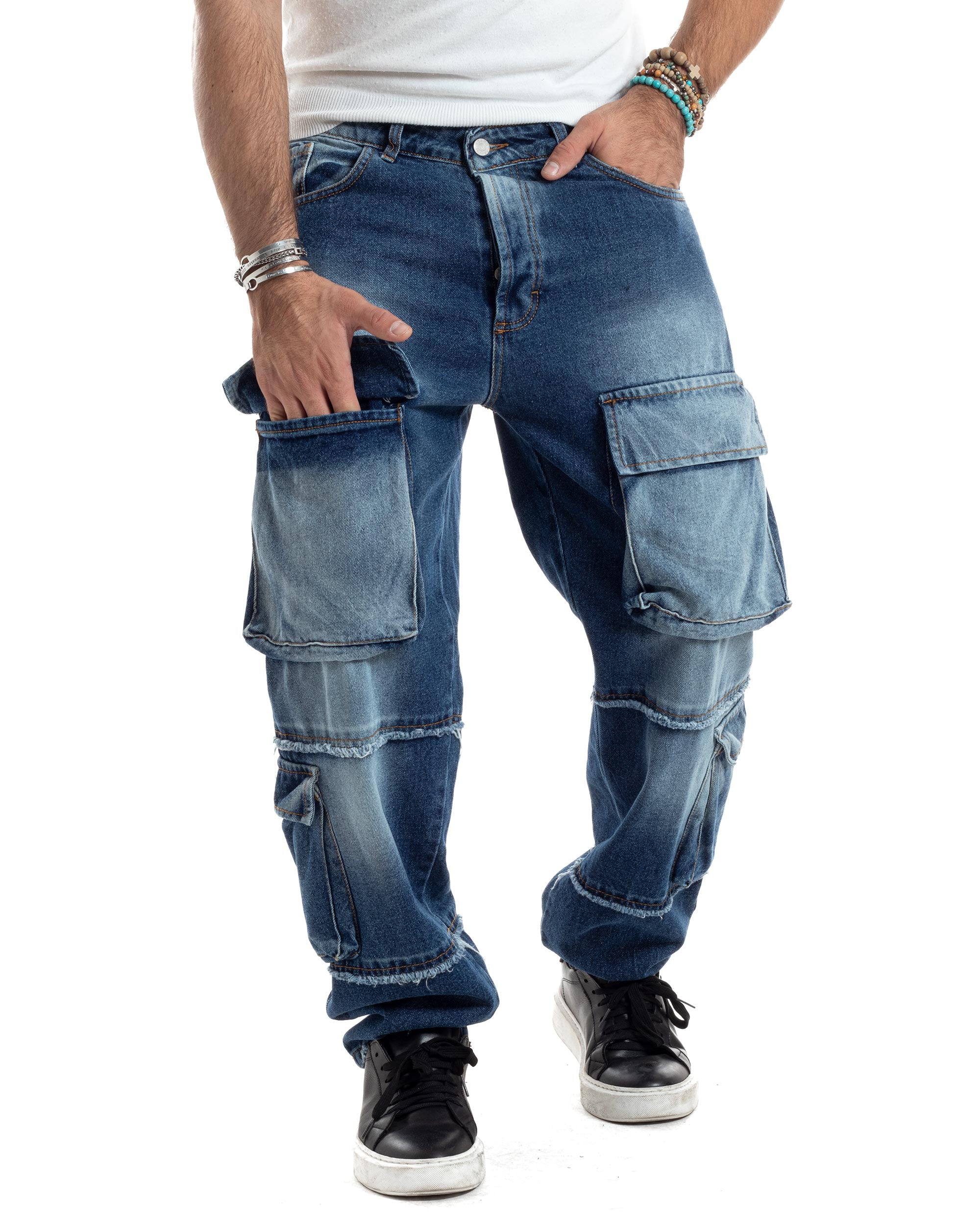 Jeans Uomo Cargo Sfumato Sfrangiato Pantaloni Con Tasconi Baggy Casual Stone Washed Cotone Blue Denim GIOSAL-JS1053A