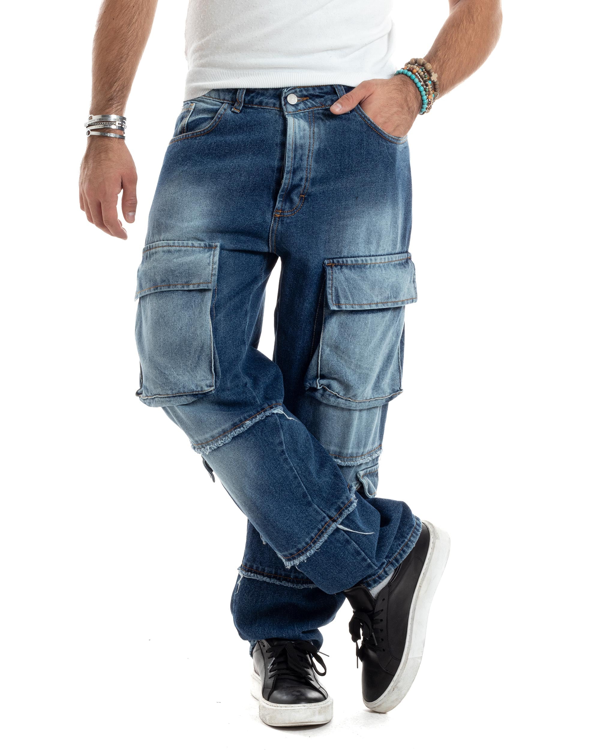 Jeans Uomo Cargo Sfumato Sfrangiato Pantaloni Con Tasconi Baggy Casual Stone Washed Cotone Blue Denim GIOSAL-JS1053A