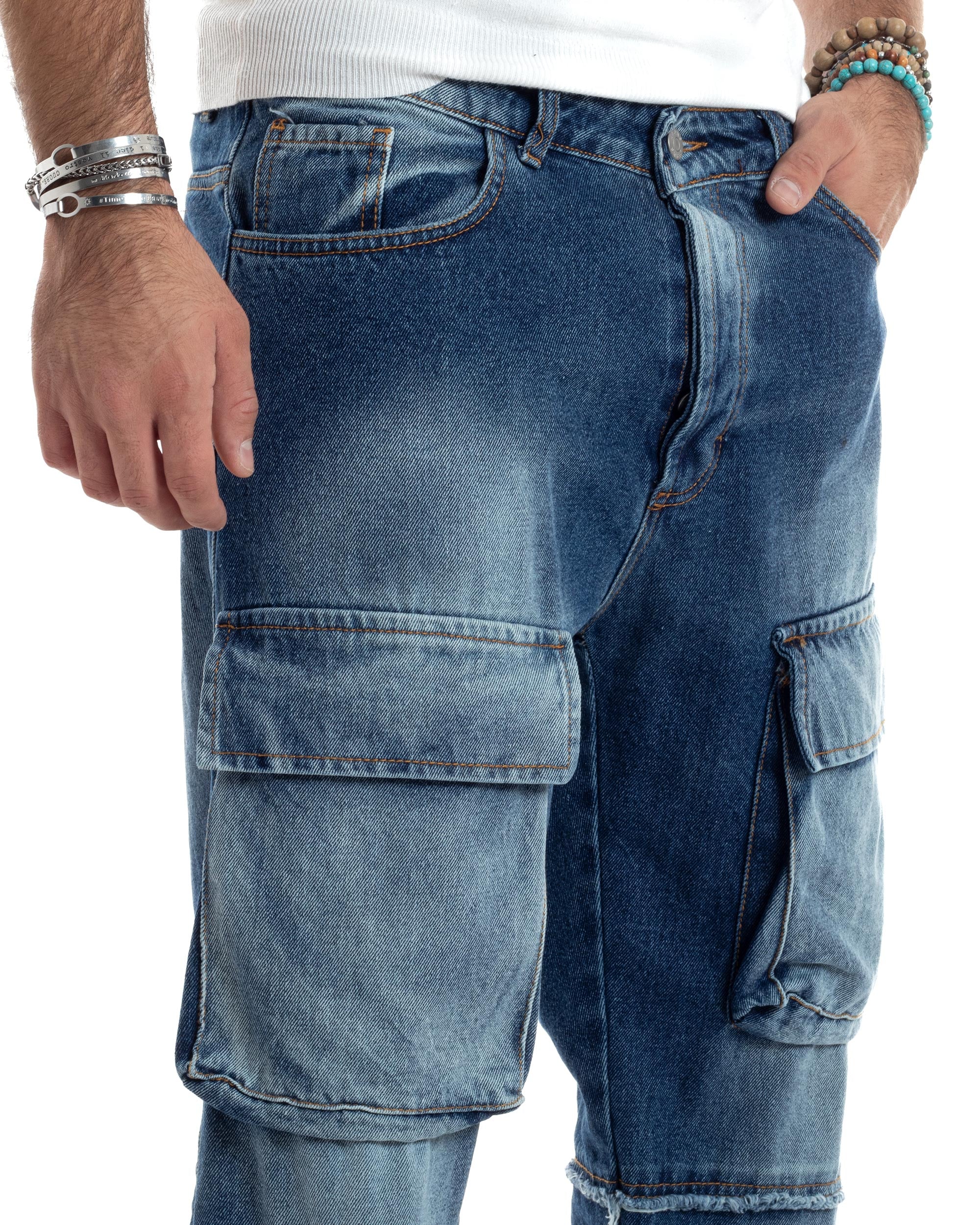 Jeans Uomo Cargo Sfumato Sfrangiato Pantaloni Con Tasconi Baggy Casual Stone Washed Cotone Blue Denim GIOSAL-JS1053A