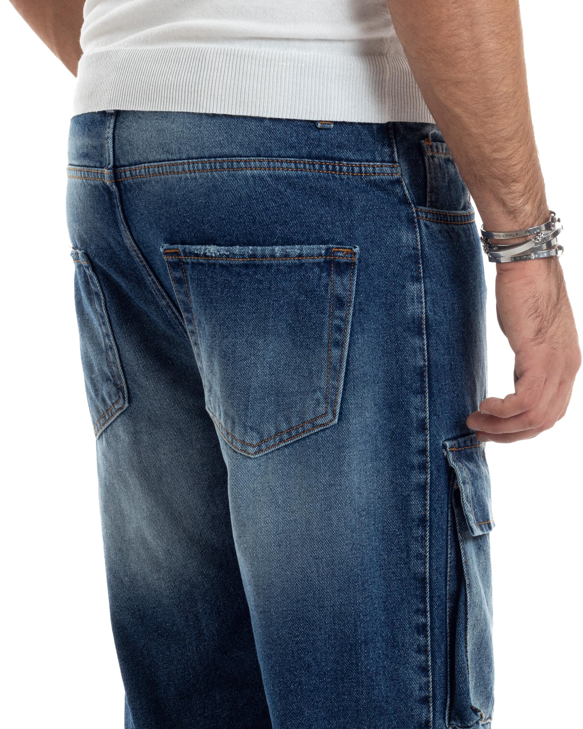 Jeans Uomo Cargo Sfumato Sfrangiato Pantaloni Con Tasconi Baggy Casual Stone Washed Cotone Blue Denim GIOSAL-JS1053A