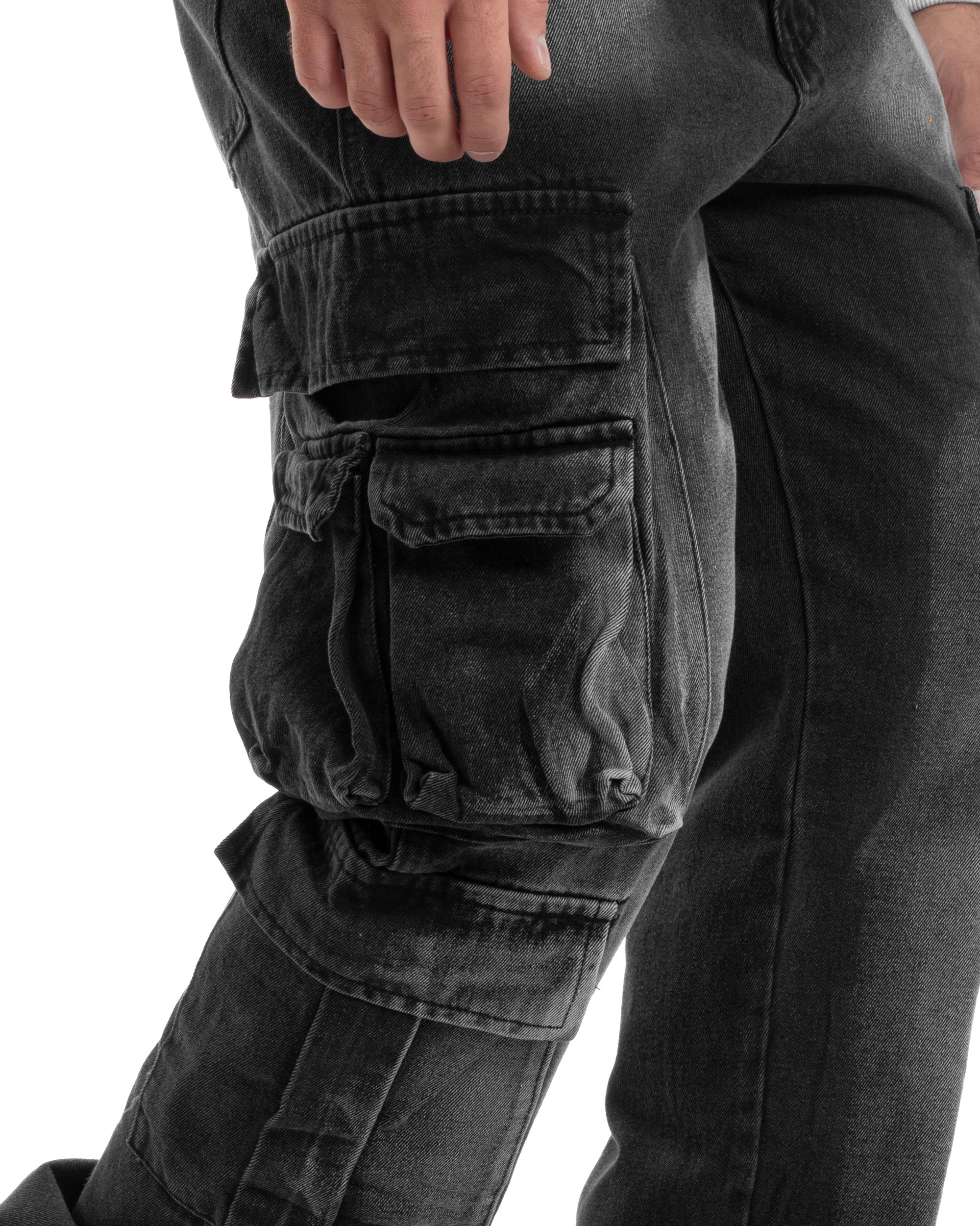 Jeans Uomo Cargo Sfumato Pantaloni Con Tasconi Baggy Casual Stone Washed Cotone Denim Nero GIOSAL-JS1054A