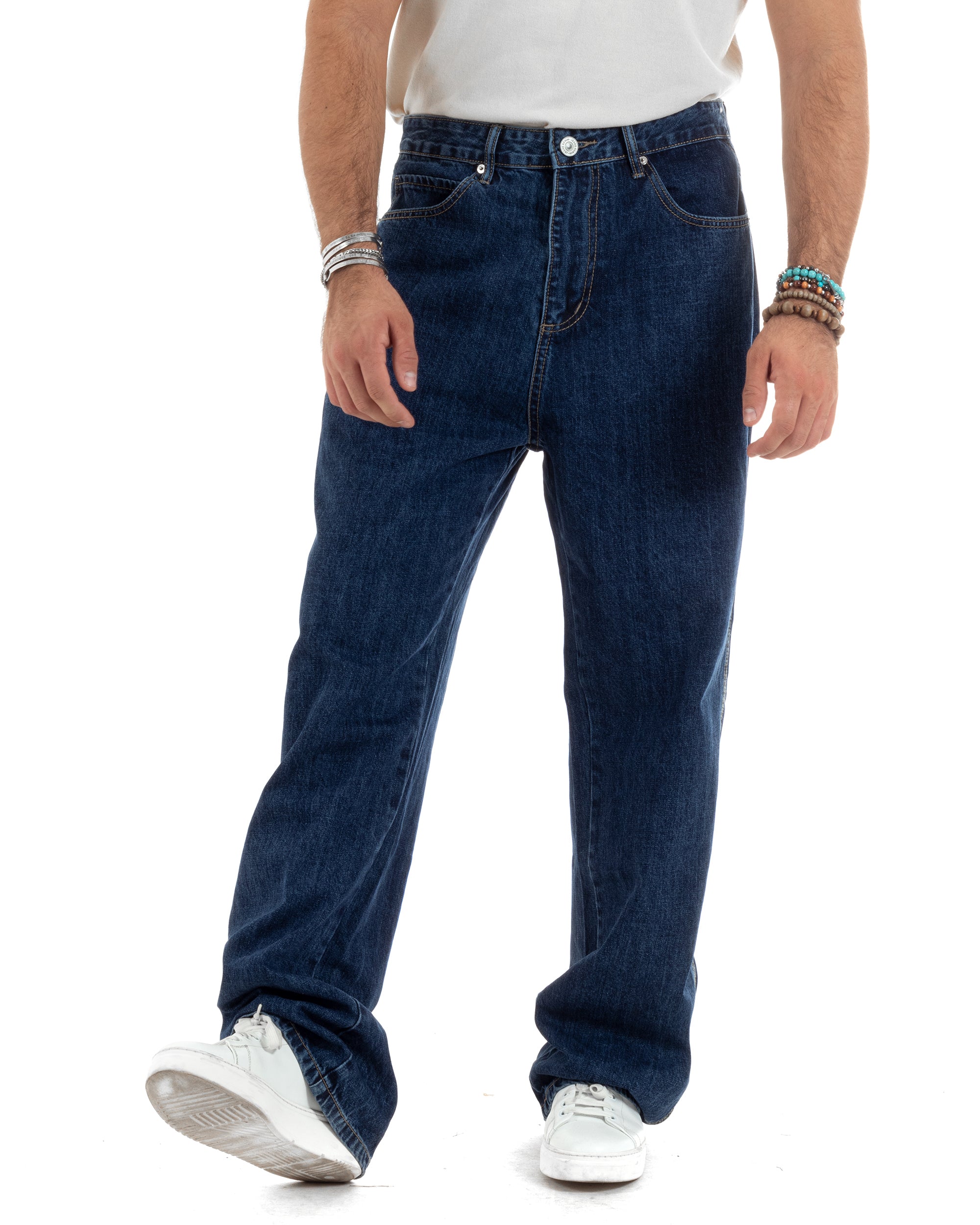 Jeans Uomo Classico Cinque Tasche Pantaloni Baggy Comodi Casual Cotone Tinta Unita Blue Denim GIOSAL-JS1055A