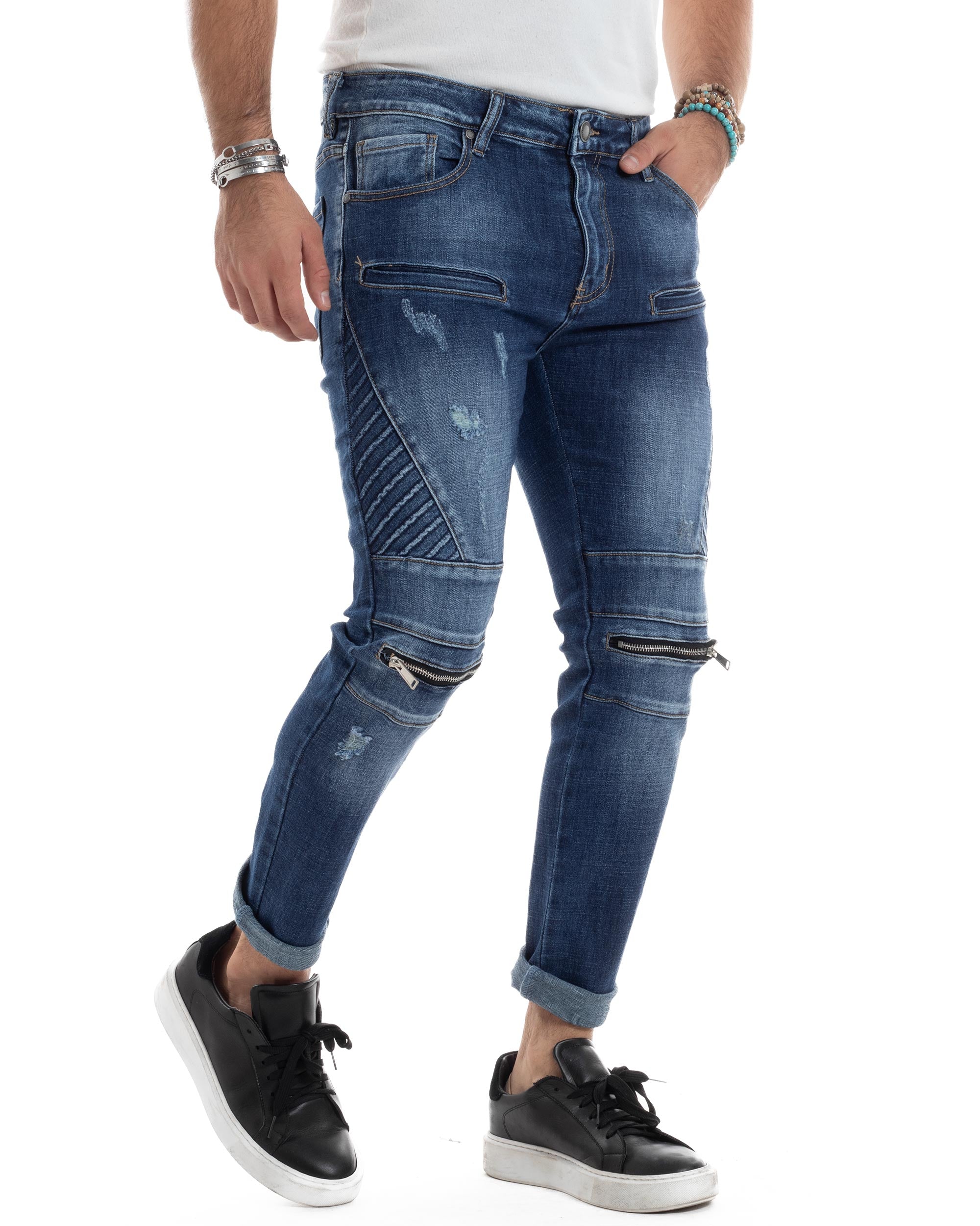 Jeans Uomo Biker Pantaloni Con Zip Stone Washed Classico Cinque Tasche Casual Blue Denim GIOSAL-JS1056A