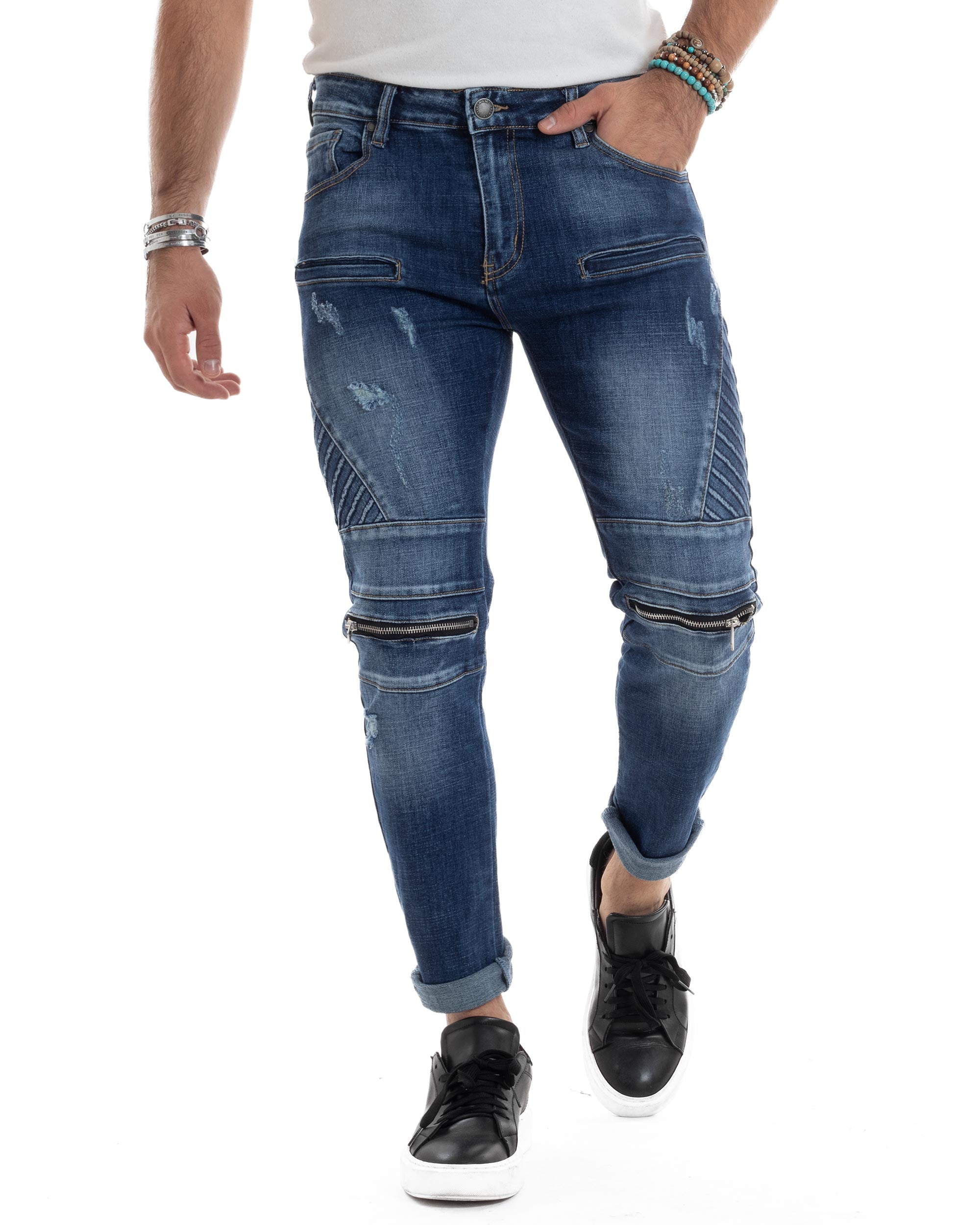 Jeans Uomo Biker Pantaloni Con Zip Stone Washed Classico Cinque Tasche Casual Blue Denim GIOSAL-JS1056A