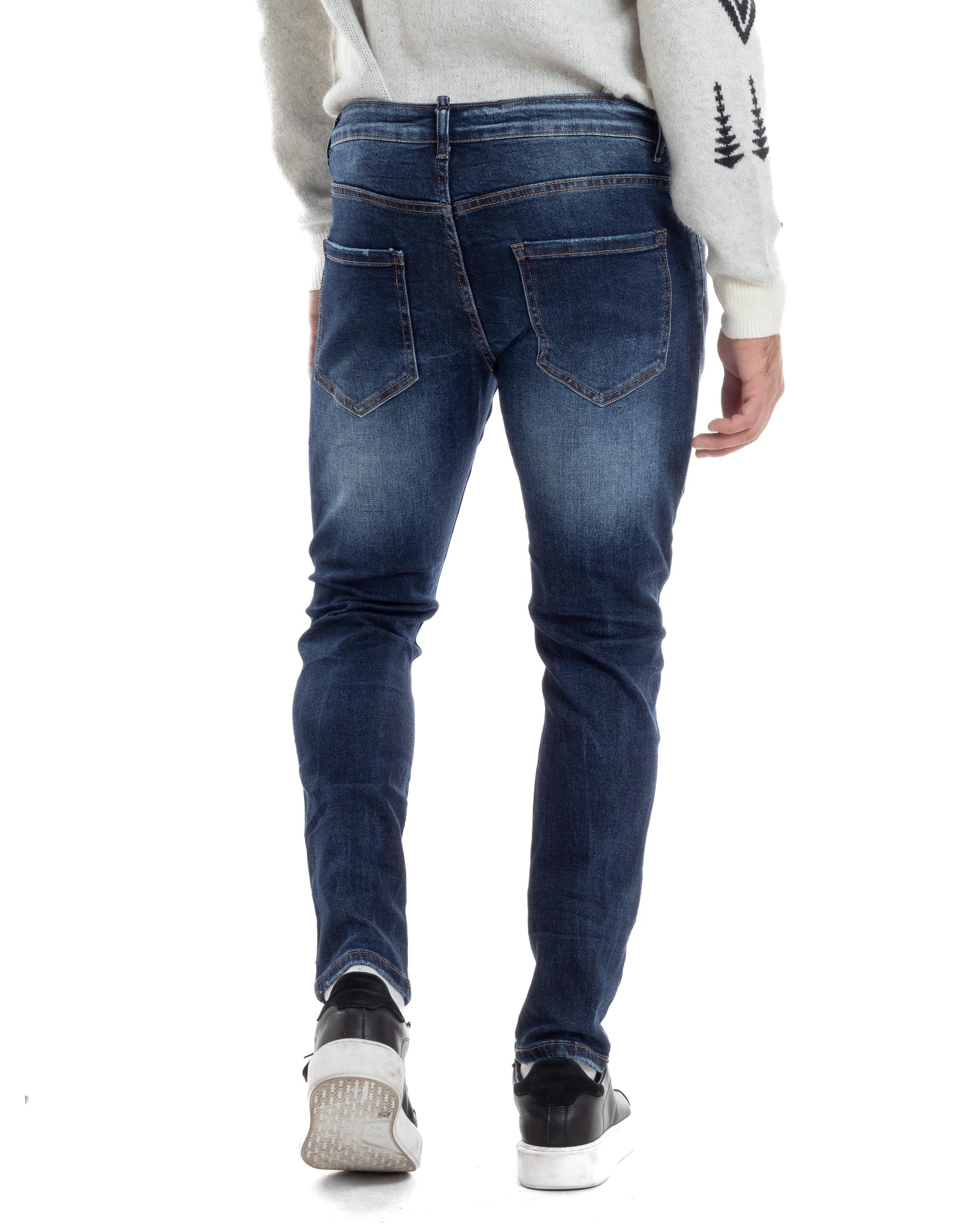 Jeans Uomo Con Rotture E Toppe Pantaloni Slim Fit Cinque Tasche Casual Lavaggio Scuro Blue Denim GIOSAL-JS1057A