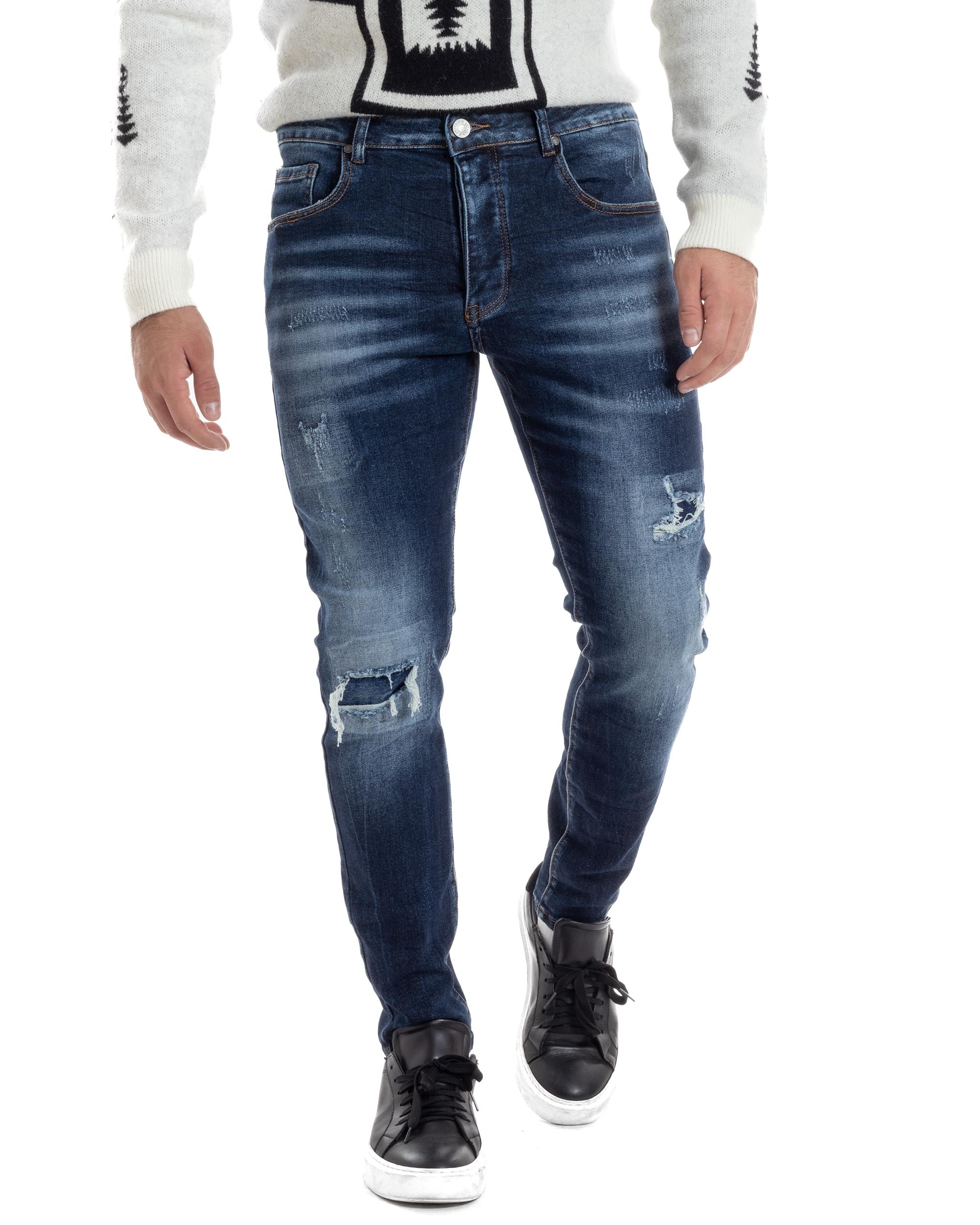 Jeans Uomo Con Rotture E Toppe Pantaloni Slim Fit Cinque Tasche Casual Lavaggio Scuro Blue Denim GIOSAL-JS1057A