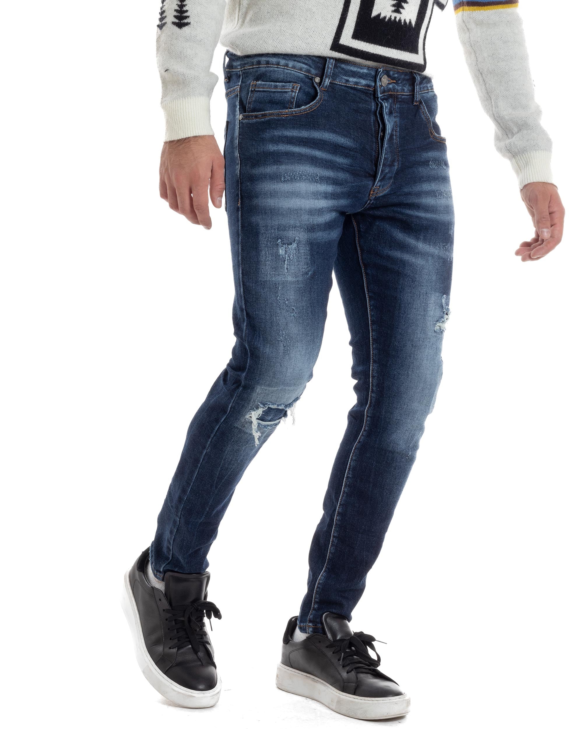 Jeans Uomo Con Rotture E Toppe Pantaloni Slim Fit Cinque Tasche Casual Lavaggio Scuro Blue Denim GIOSAL-JS1057A