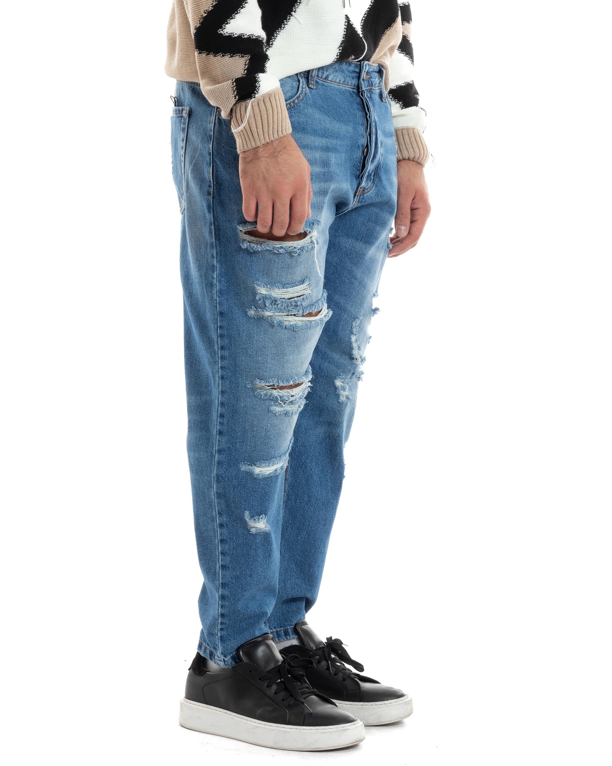 Jeans Uomo Con Rotture Stone Washed Pantaloni Cinque Tasche Cotone Casual Lavaggio Medio Denim GIOSAL-JS1058A