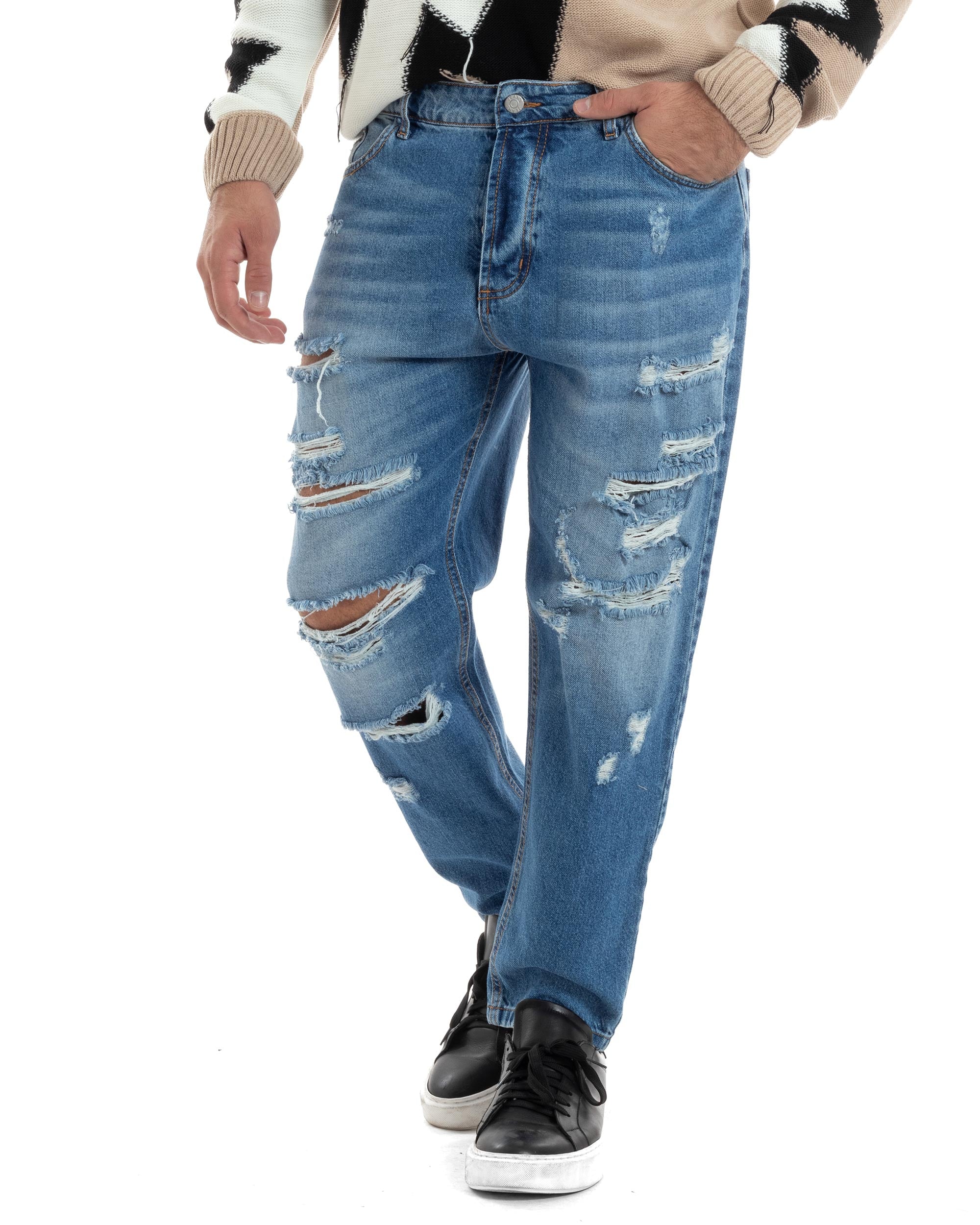 Jeans Uomo Con Rotture Stone Washed Pantaloni Cinque Tasche Cotone Casual Lavaggio Medio Denim GIOSAL-JS1058A