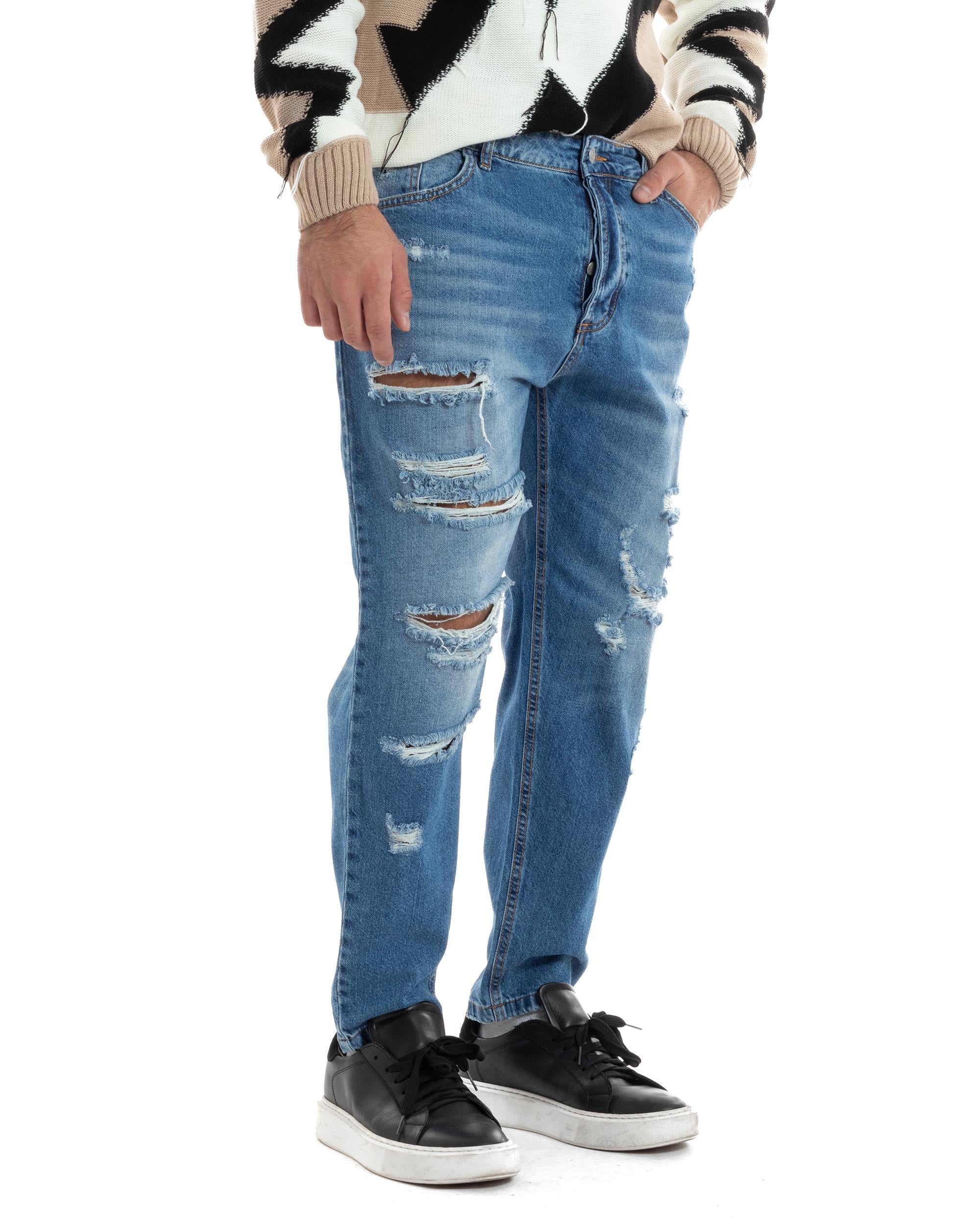 Jeans Uomo Con Rotture Stone Washed Pantaloni Cinque Tasche Cotone Casual Lavaggio Medio Denim GIOSAL-JS1058A