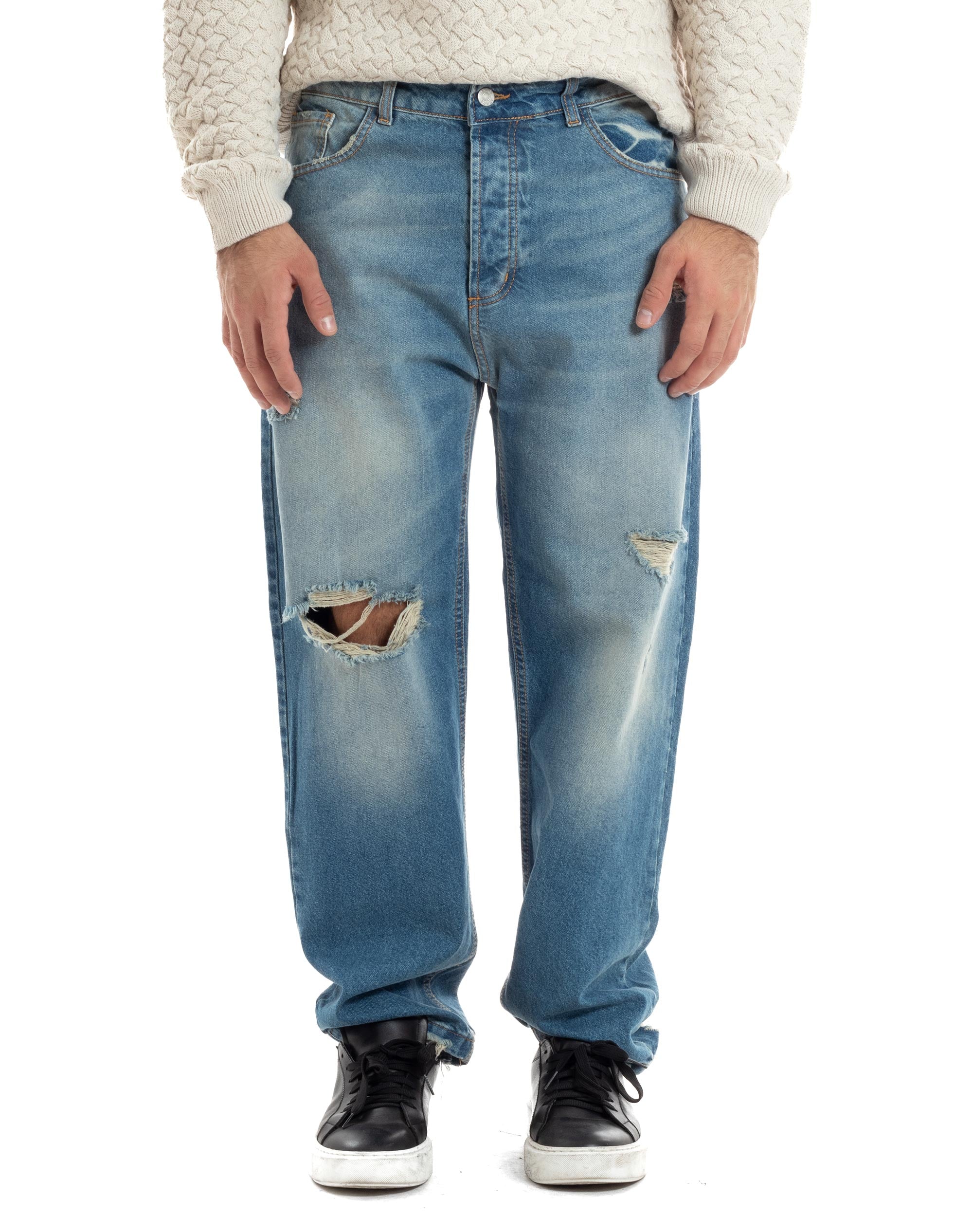 Jeans Uomo Sabbiato Pantaloni Denim Con Rotture Sfrangiato Baggy Stone Washed Casual GIOSAL-JS1060A