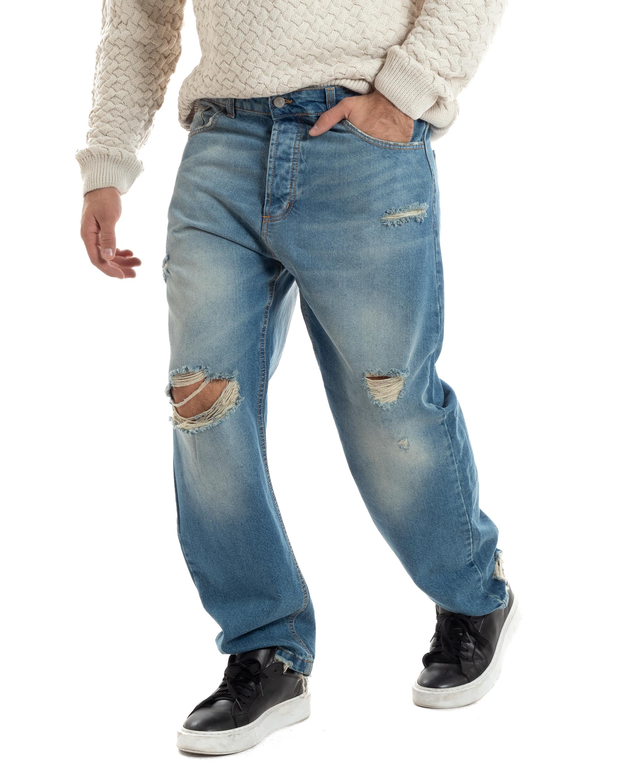 Jeans Uomo Sabbiato Pantaloni Denim Con Rotture Sfrangiato Baggy Stone Washed Casual GIOSAL-JS1060A