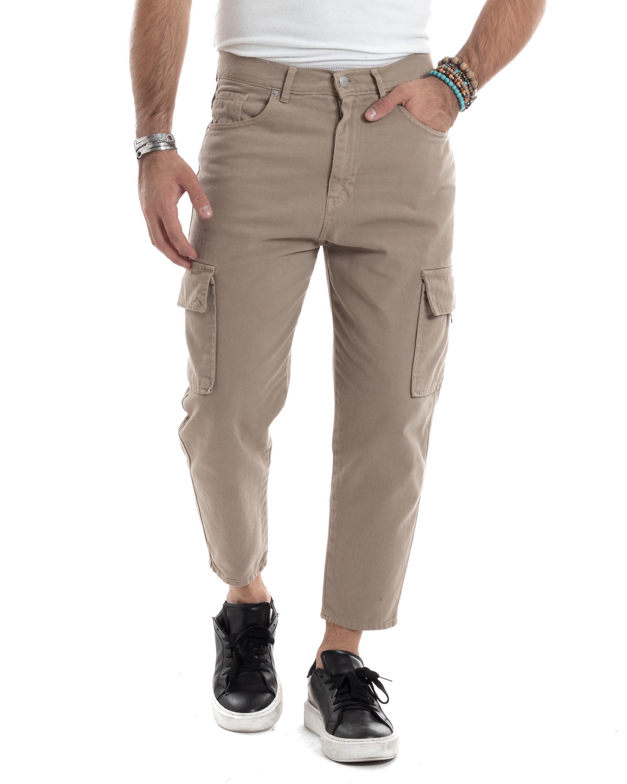 Jeans Uomo Cargo Alla Caviglia Loose Fit Casual Basic Pantaloni Con Tasche Tasconi Beige GIOSAL-JS1061A