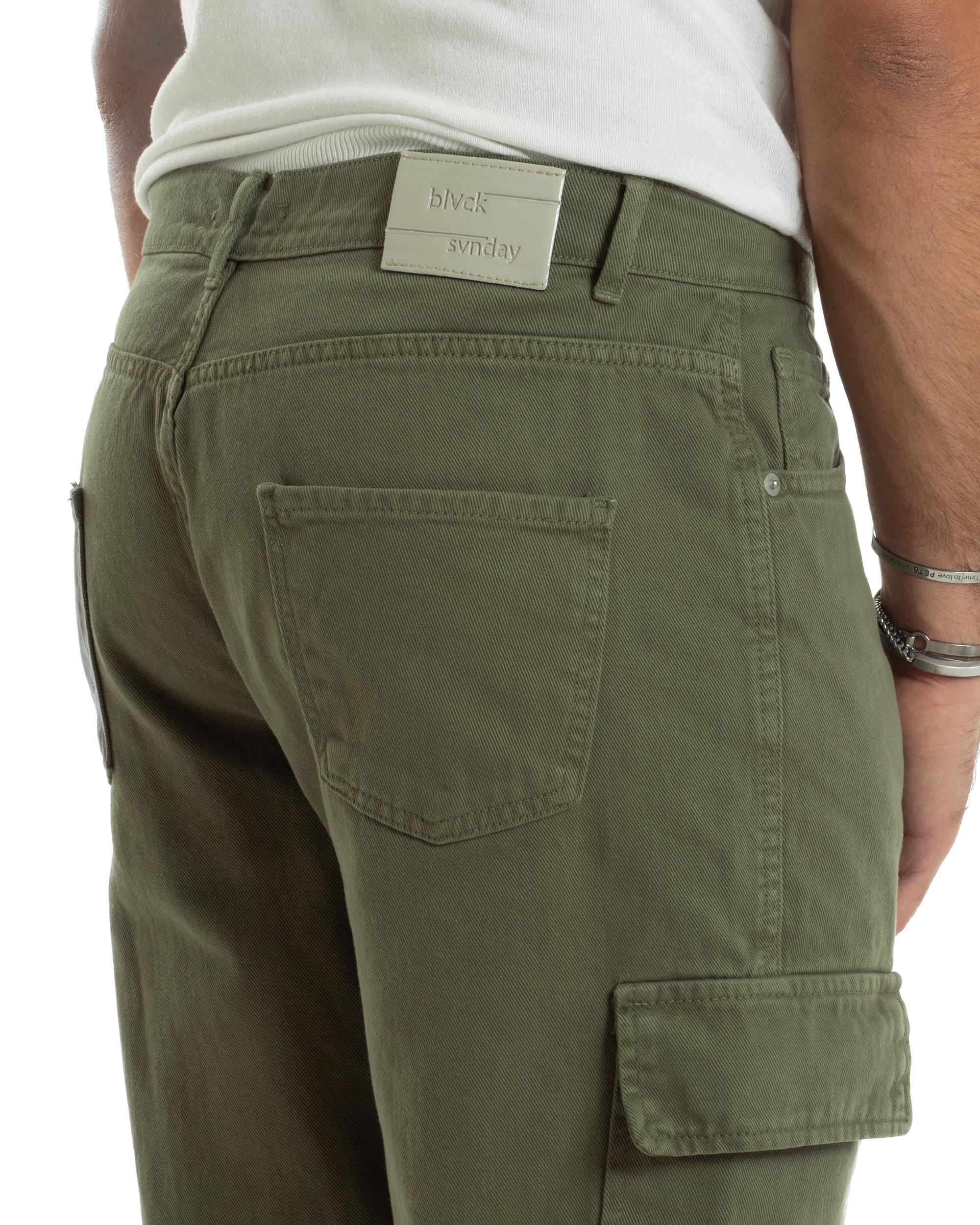 Jeans Uomo Cargo Alla Caviglia Loose Fit Casual Basic Pantaloni Con Tasche Tasconi Verde Militare GIOSAL-JS1062A