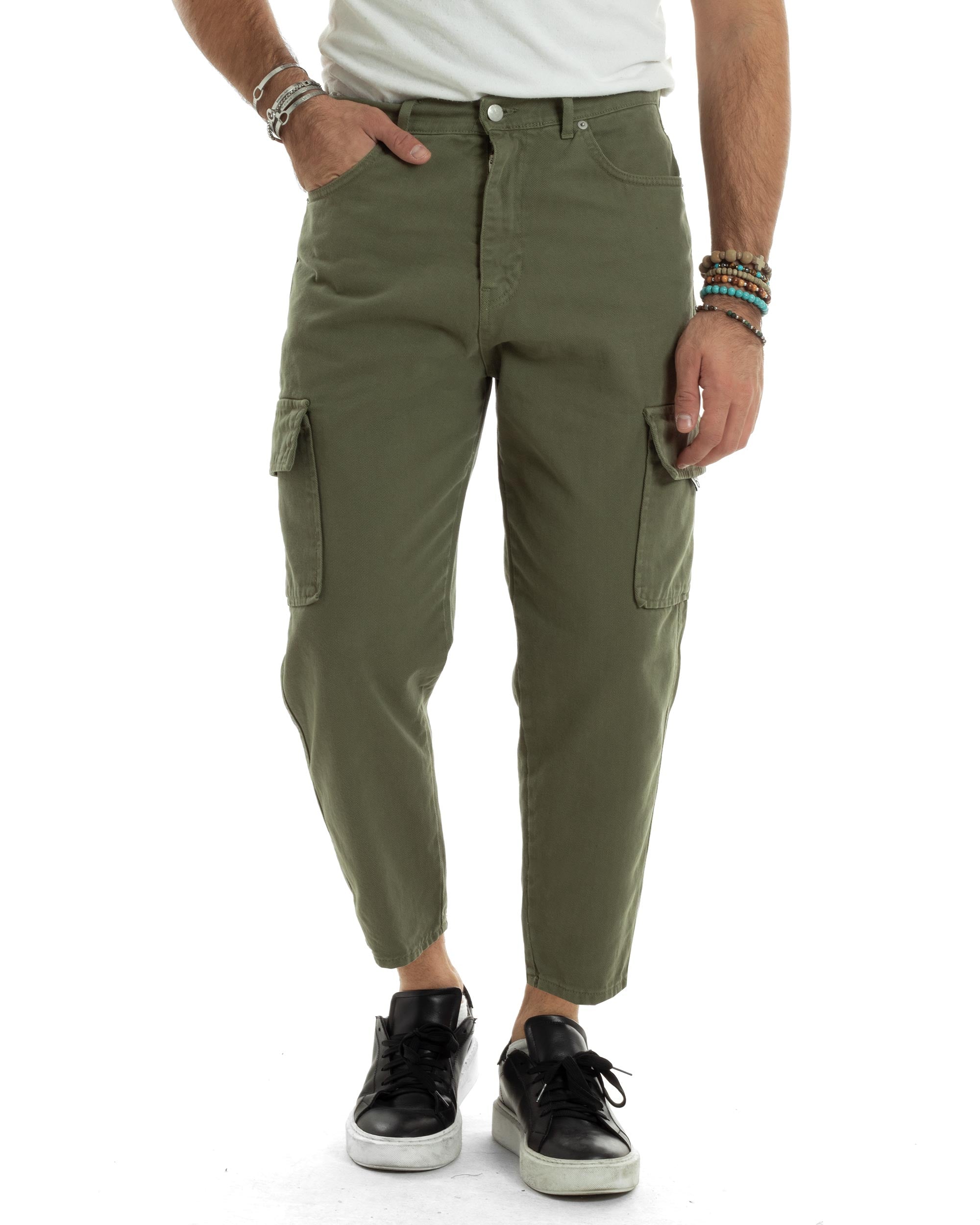 Jeans Uomo Cargo Alla Caviglia Loose Fit Casual Basic Pantaloni Con Tasche Tasconi Verde Militare GIOSAL-JS1062A