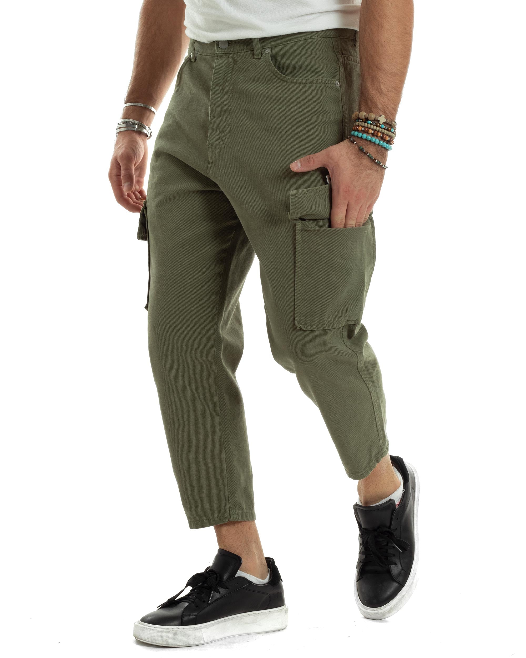 Jeans Uomo Cargo Alla Caviglia Loose Fit Casual Basic Pantaloni Con Tasche Tasconi Verde Militare GIOSAL-JS1062A