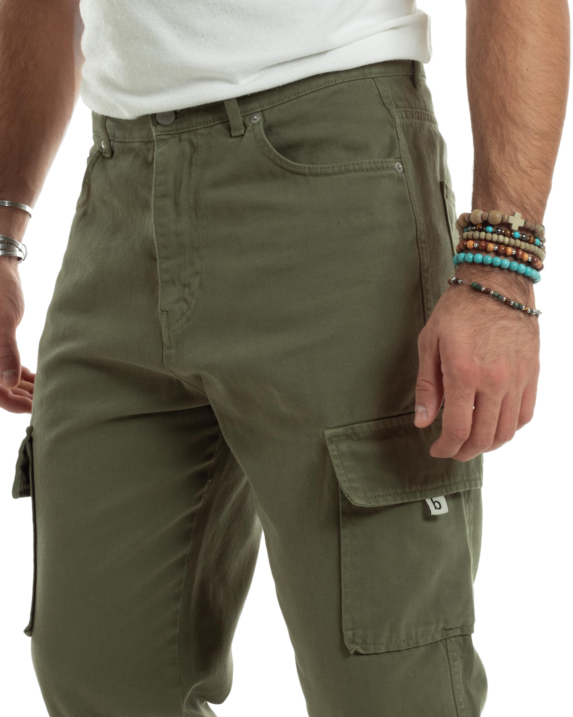 Jeans Uomo Cargo Alla Caviglia Loose Fit Casual Basic Pantaloni Con Tasche Tasconi Verde Militare GIOSAL-JS1062A