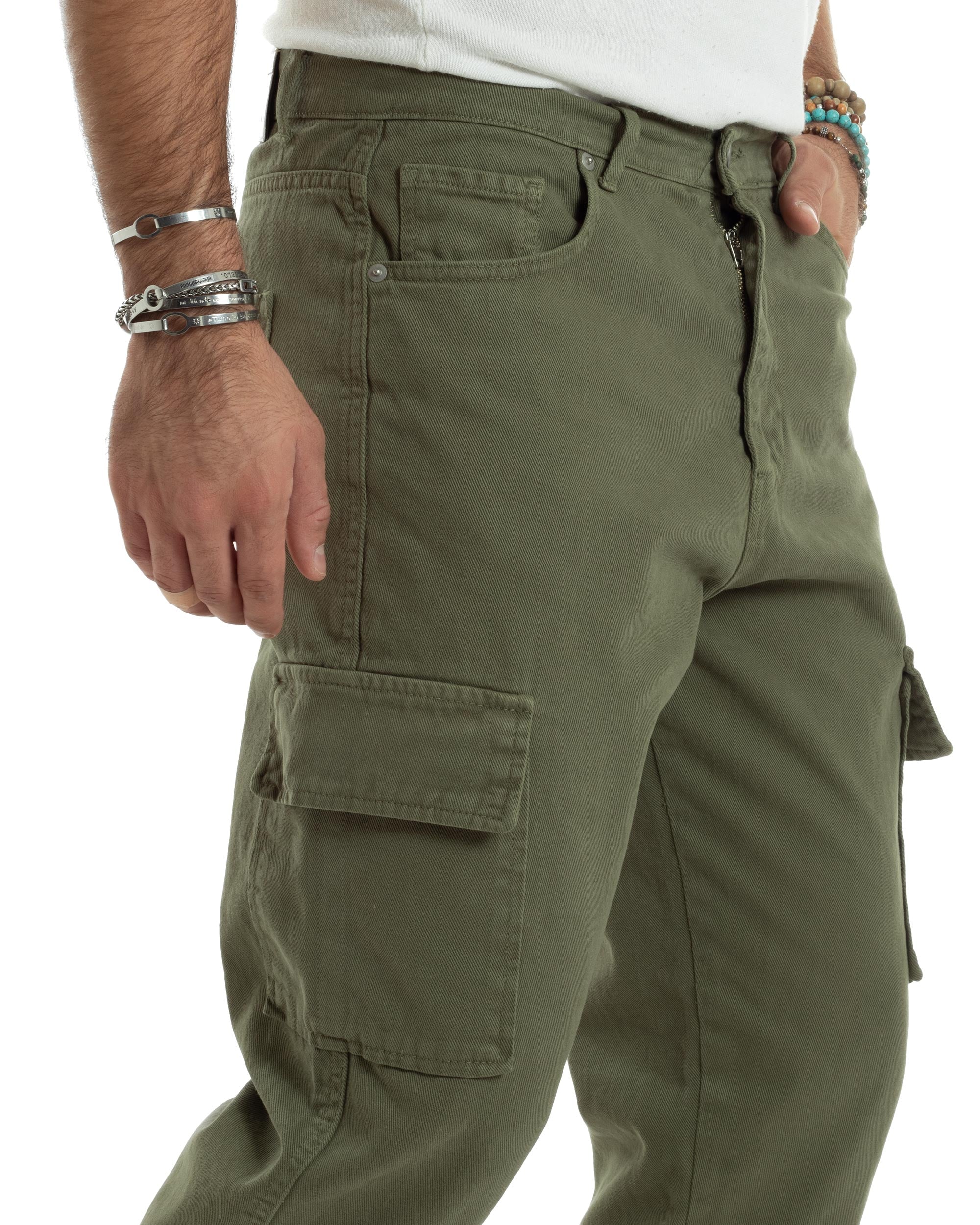 Jeans Uomo Cargo Alla Caviglia Loose Fit Casual Basic Pantaloni Con Tasche Tasconi Verde Militare GIOSAL-JS1062A