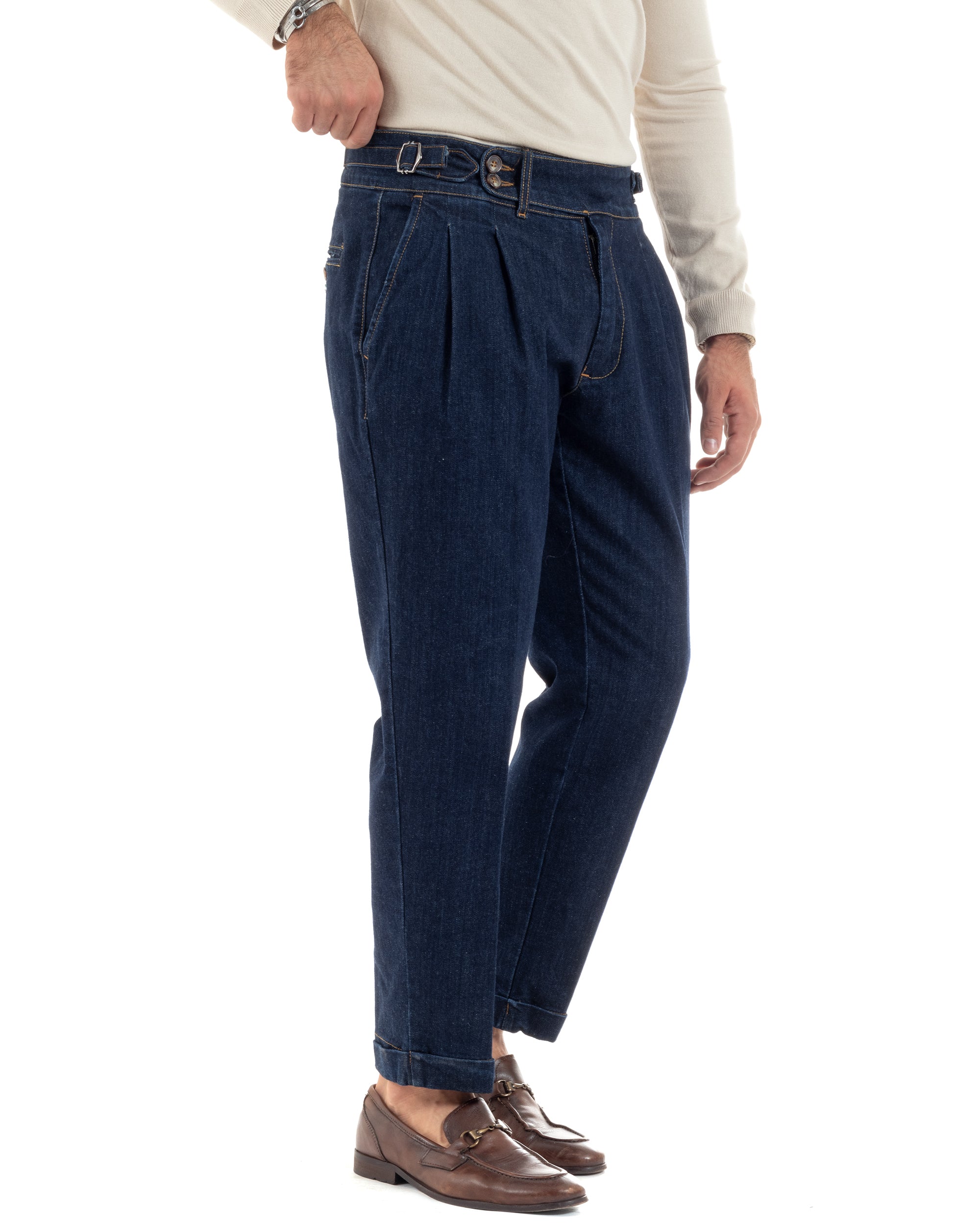 Jeans Uomo Denim Scuro Tasca America Pantaloni Uomo Classico Con Pinces Vita Alta Gurkha Pants Abbottonatura Allungata Fibbie Casual GIOSAL-JS1065A