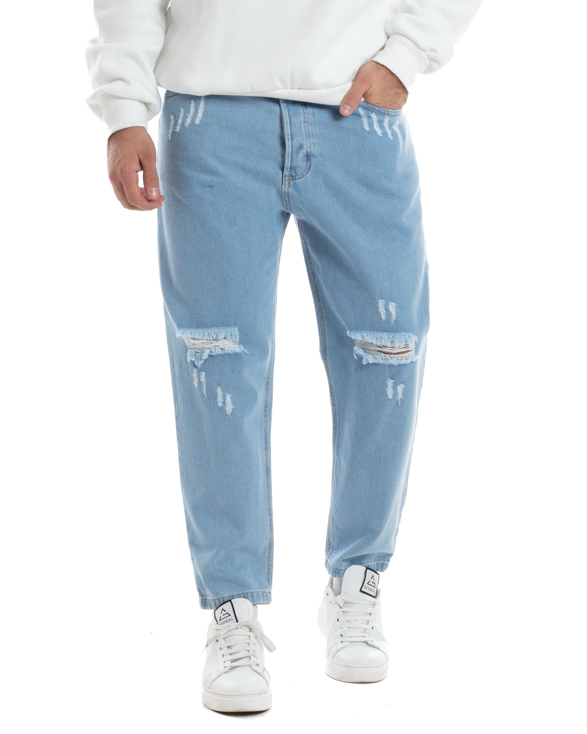 Jeans Uomo Con Rotture Pantaloni Taglio Al Ginocchio Abrasioni Regular Fit Casual Denim Chiaro GIOSAL-JS1068A